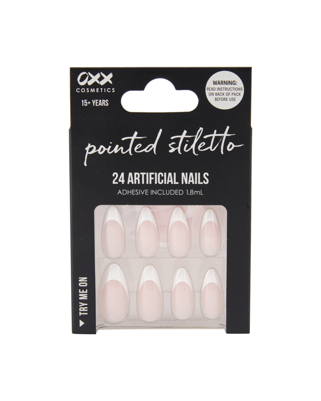 OXX Cosmetics 24 Pack Artificial Nails with Adhesive - Pointed Stiletto Shape, Pink French