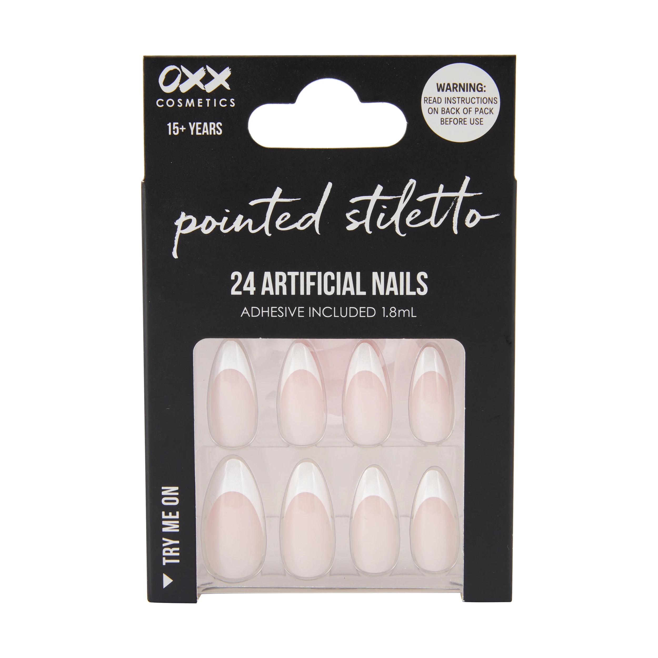 1 OXX Cosmetics 24 Pack Artificial Nails with Adhesive - Pointed Stiletto Shape, Pink French Tip, 1 of 4