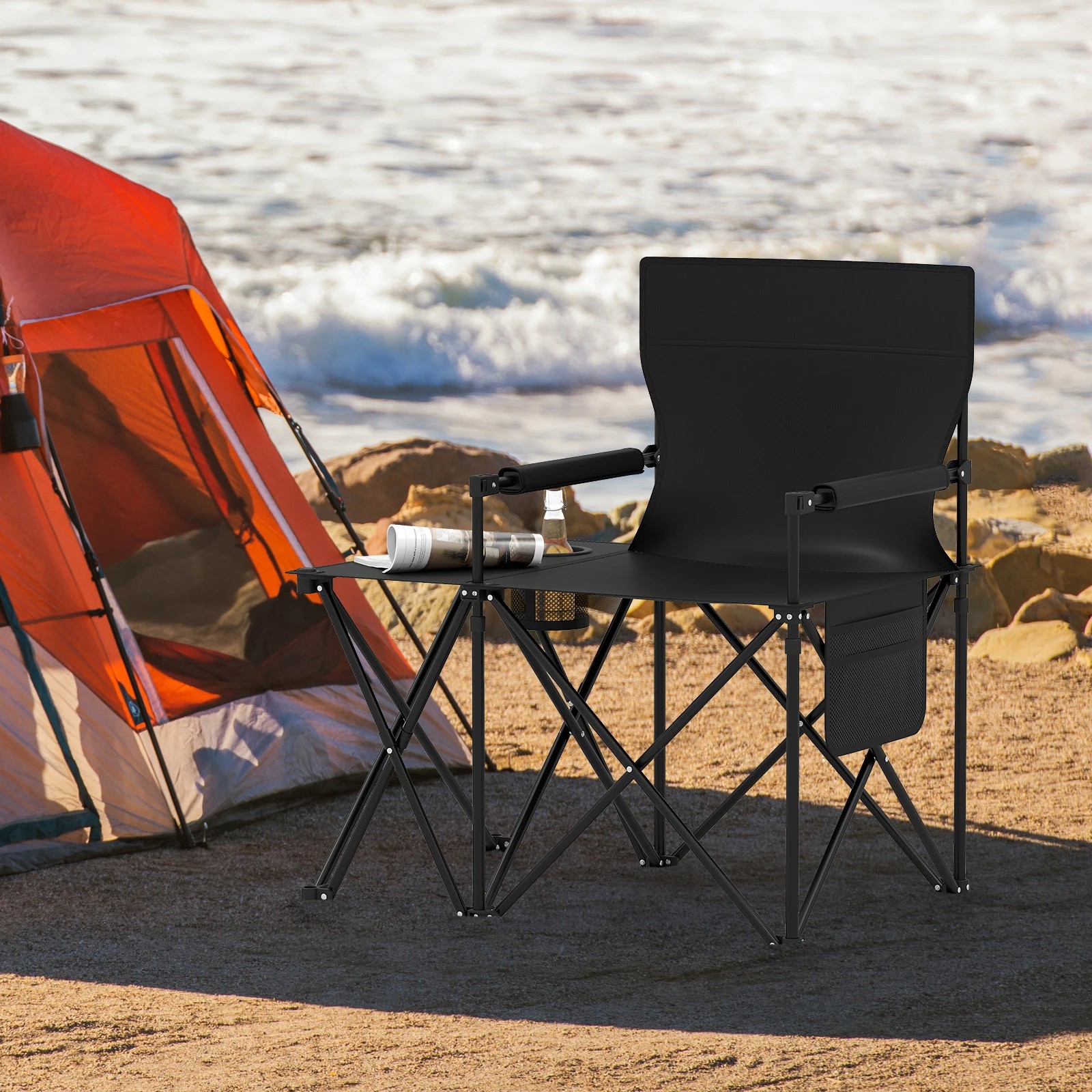 3 Costway Folding Camping Chair w/Side Table 2 Storage Pockets Cup Holder Picnic Chair - Black, 3 of 4