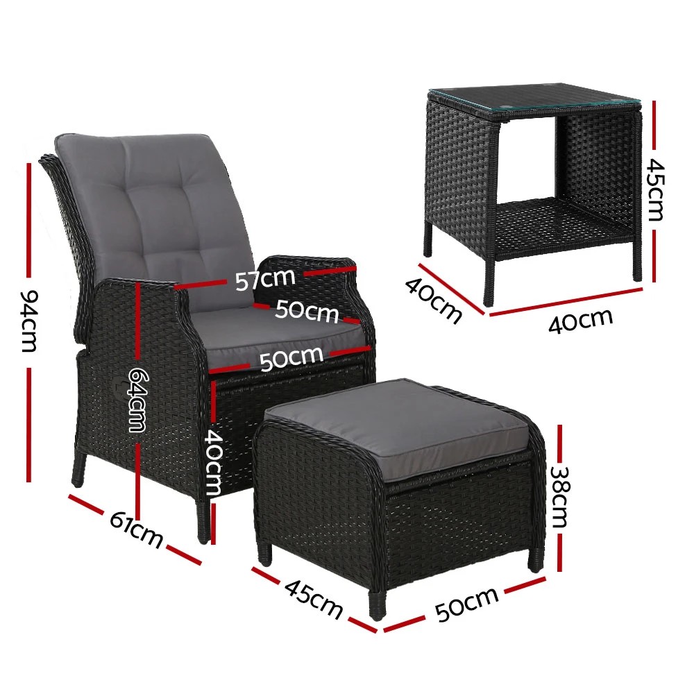 2 Gardeon 5PC Recliner Chairs Table Sun lounge Wicker Outdoor Furniture Adjustable - Black, 2 of 6