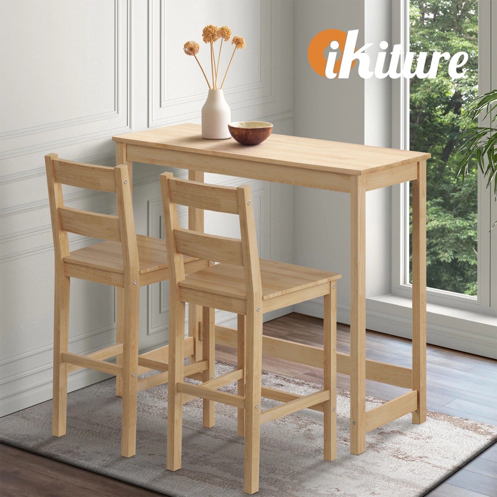 5 Oikiture 3pcs Bar Table Set 2 Stools Chairs Kitchen Dining Cafe Tables
 - Natural, 5 of 10