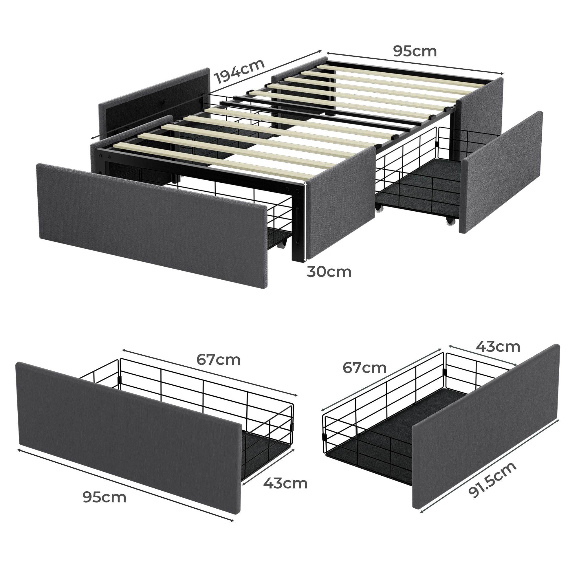 3 Levede Bed Frame Single Size Fabric Mattress Base 3 Storage Drawer - Grey - Grey, 3 of 9