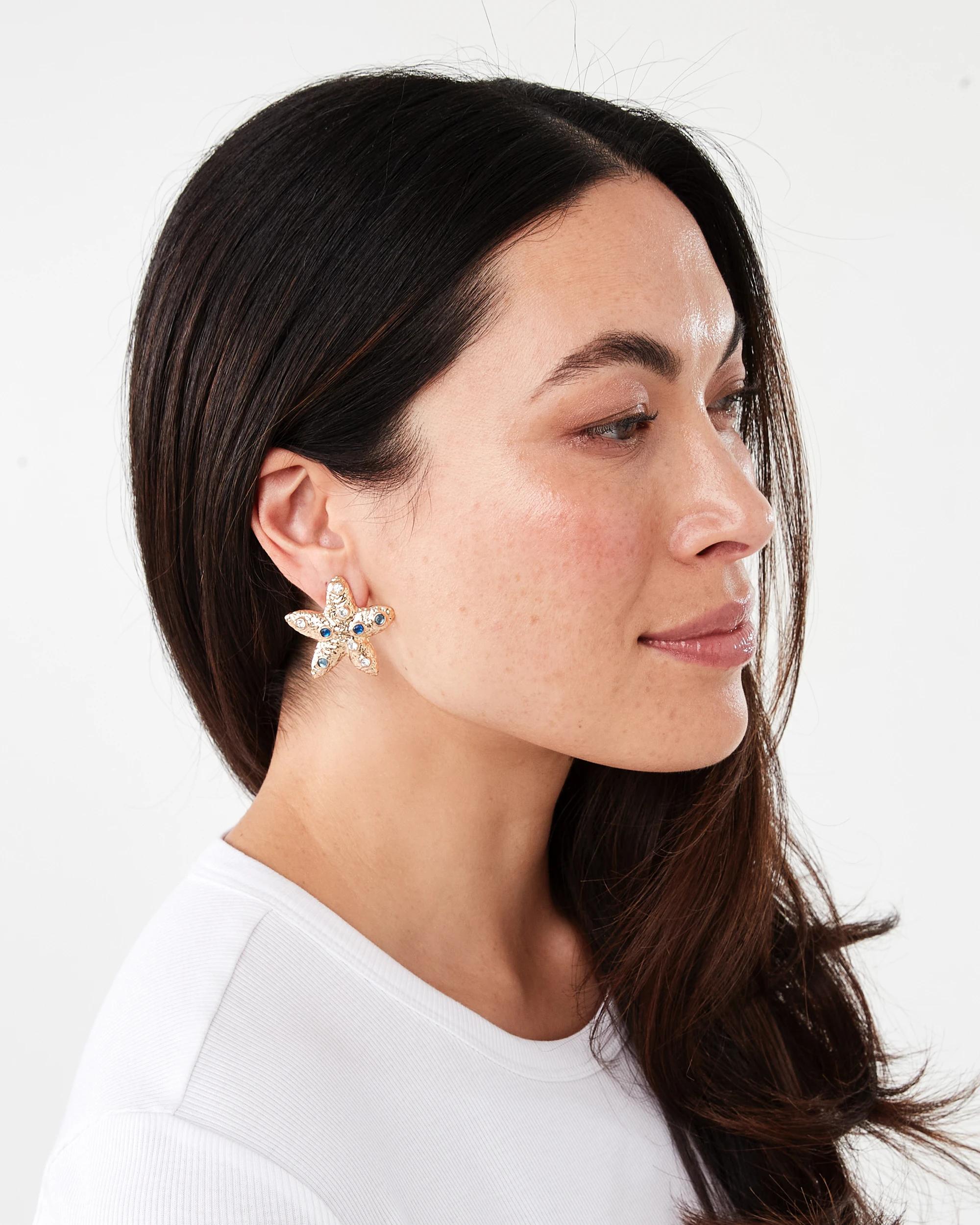 4 Diamante Starfish Stud Earrings - Gold Tone Gold, 4 of 5