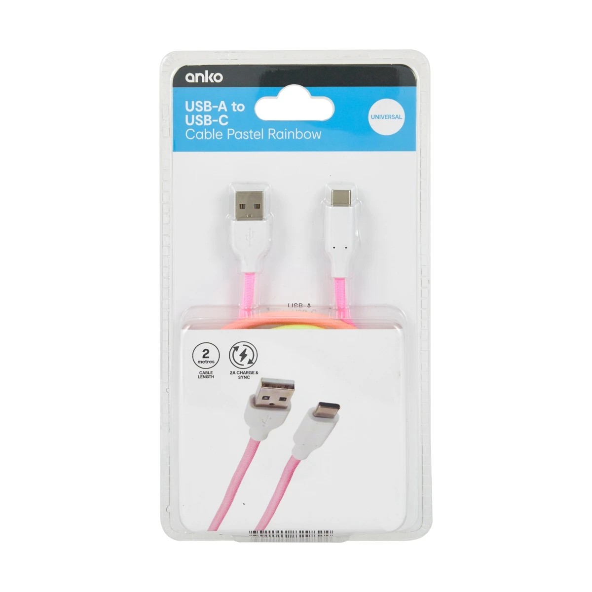 5 2m USB-C Cable, Pastel Rainbow - Anko - Multi, 5 of 5