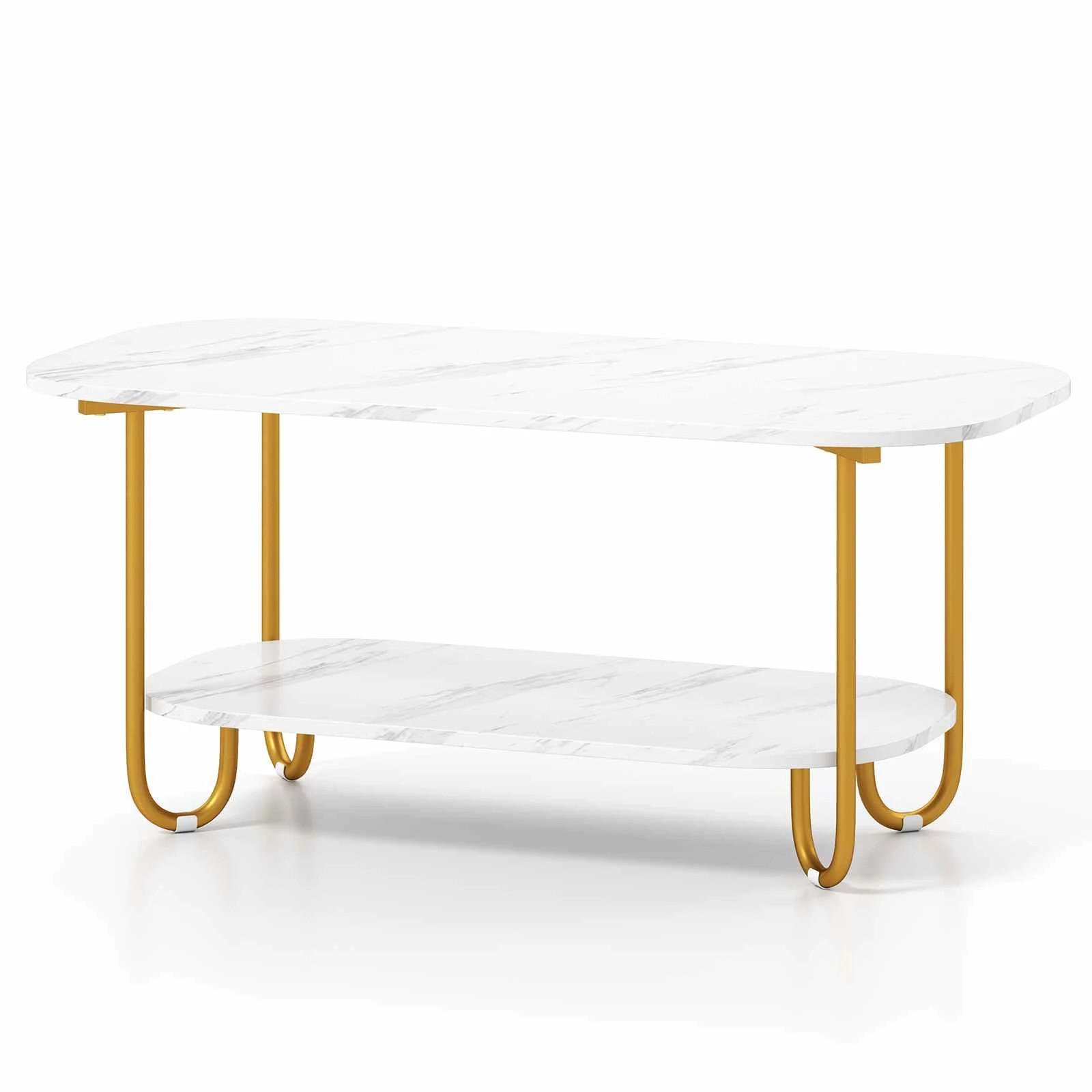 1 Costway 2-Tier Faux Marble Coffee Table Metal Side Table w/Storage Shelf, 1 of 5