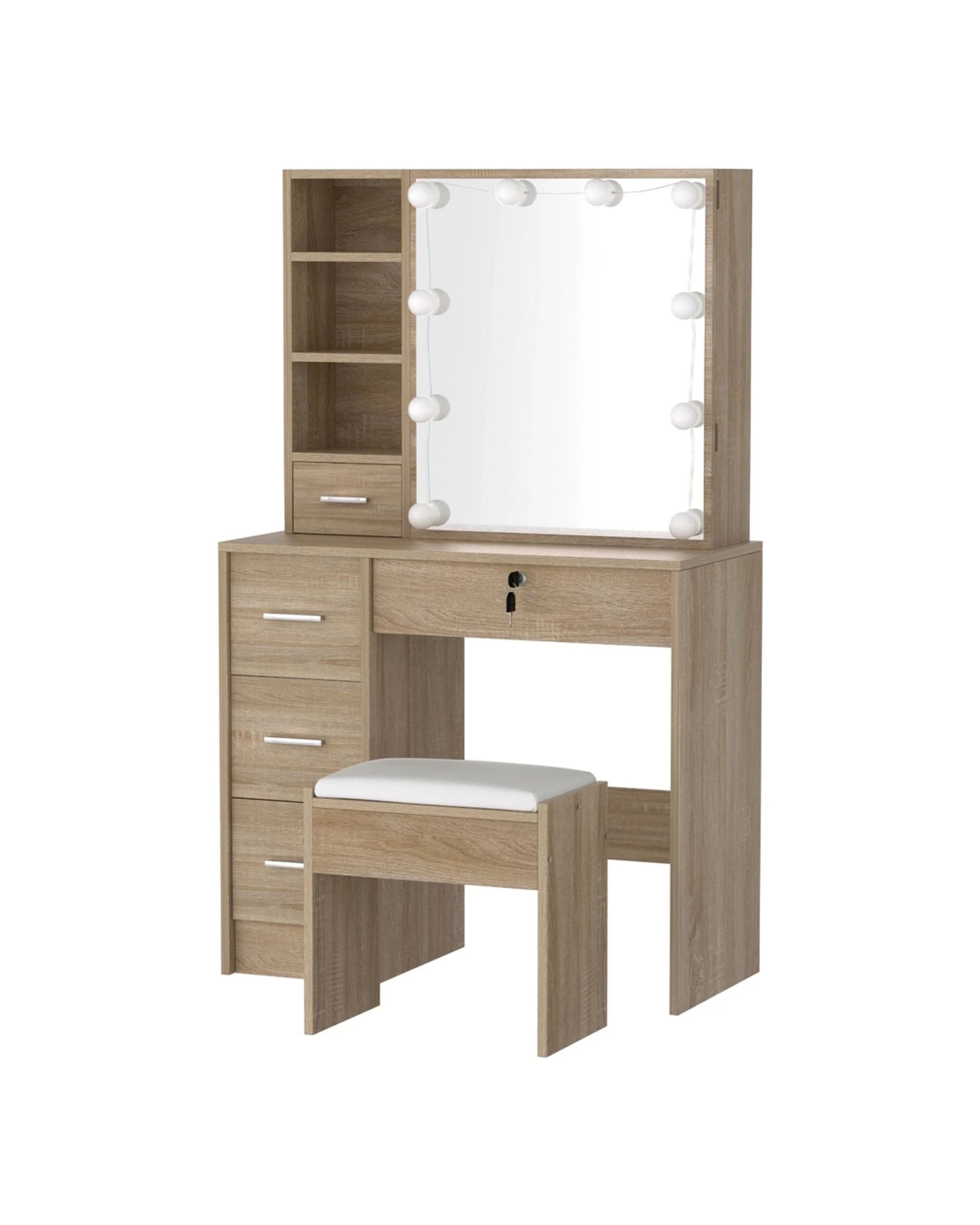 1 Artiss Dressing Table Set Stool 10 Led Bulbs Wood - Natural, 1 of 8