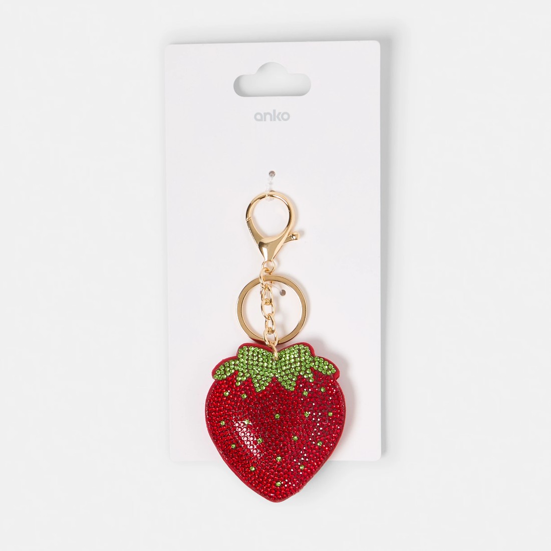 3 Sparkle Strawberry Bag Charm Keyring - Red and Gold Tone, 3 of 3