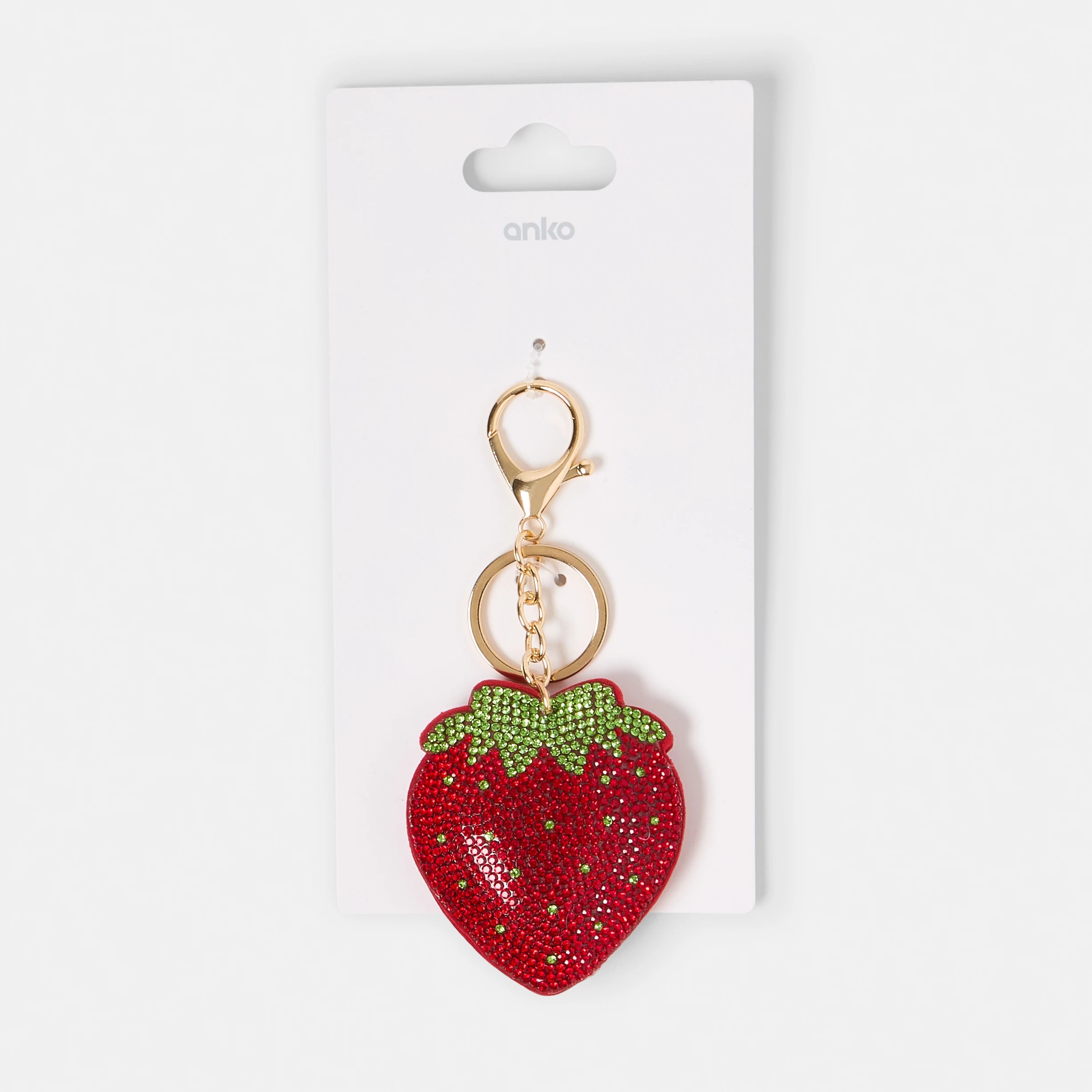 3 Sparkle Strawberry Bag Charm Keyring - Red and Gold Tone, 3 of 3