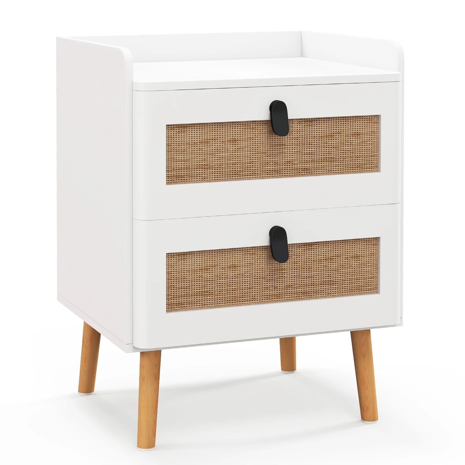 1 Costway Boho Accent Nightstand w/2 Rattan Drawers Modern Bedside Table - White, 1 of 3