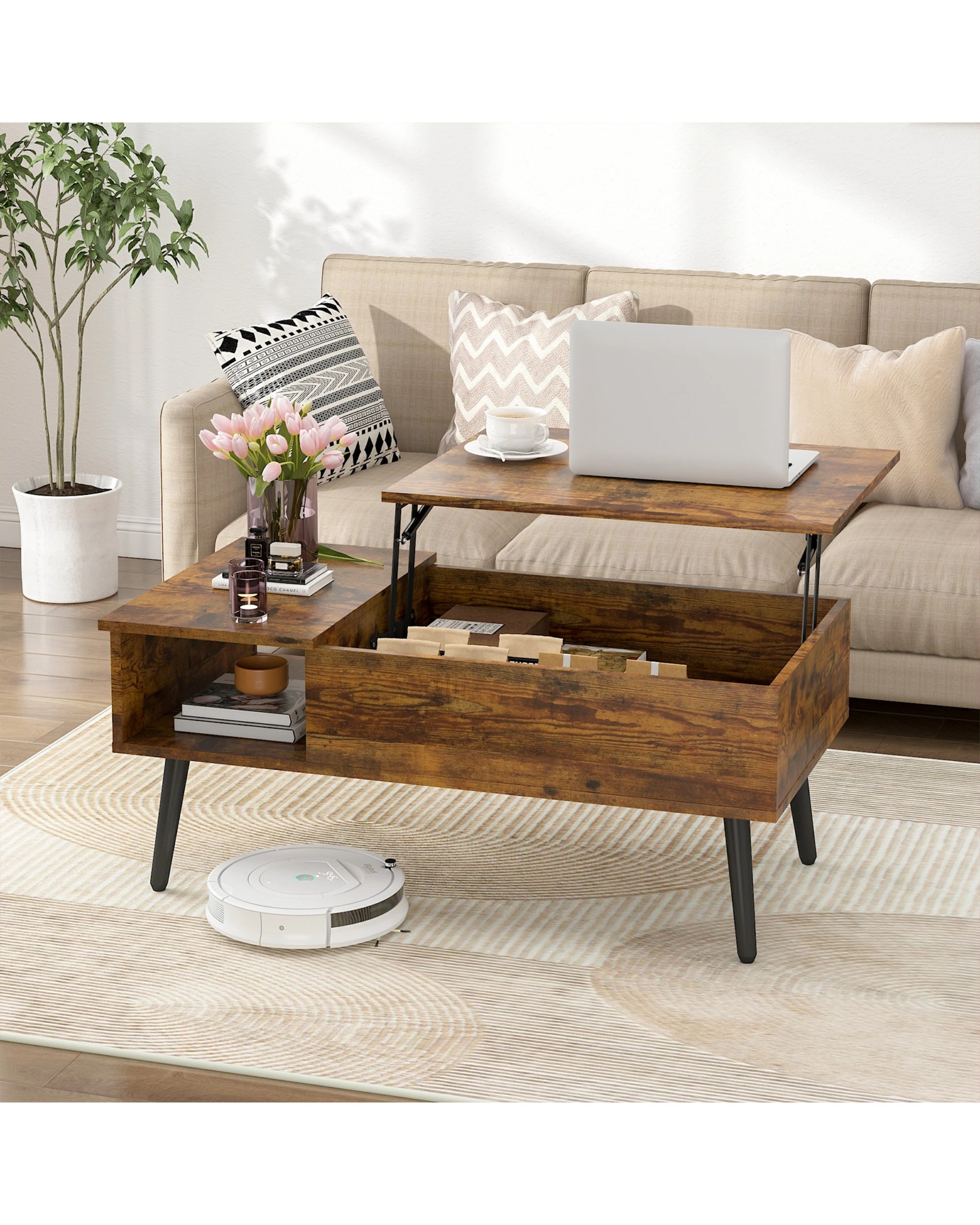 3 Advwin Lift Up Top Coffee Table Side Table w/ Hidden Storage & Shelf Walnut, 3 of 8
