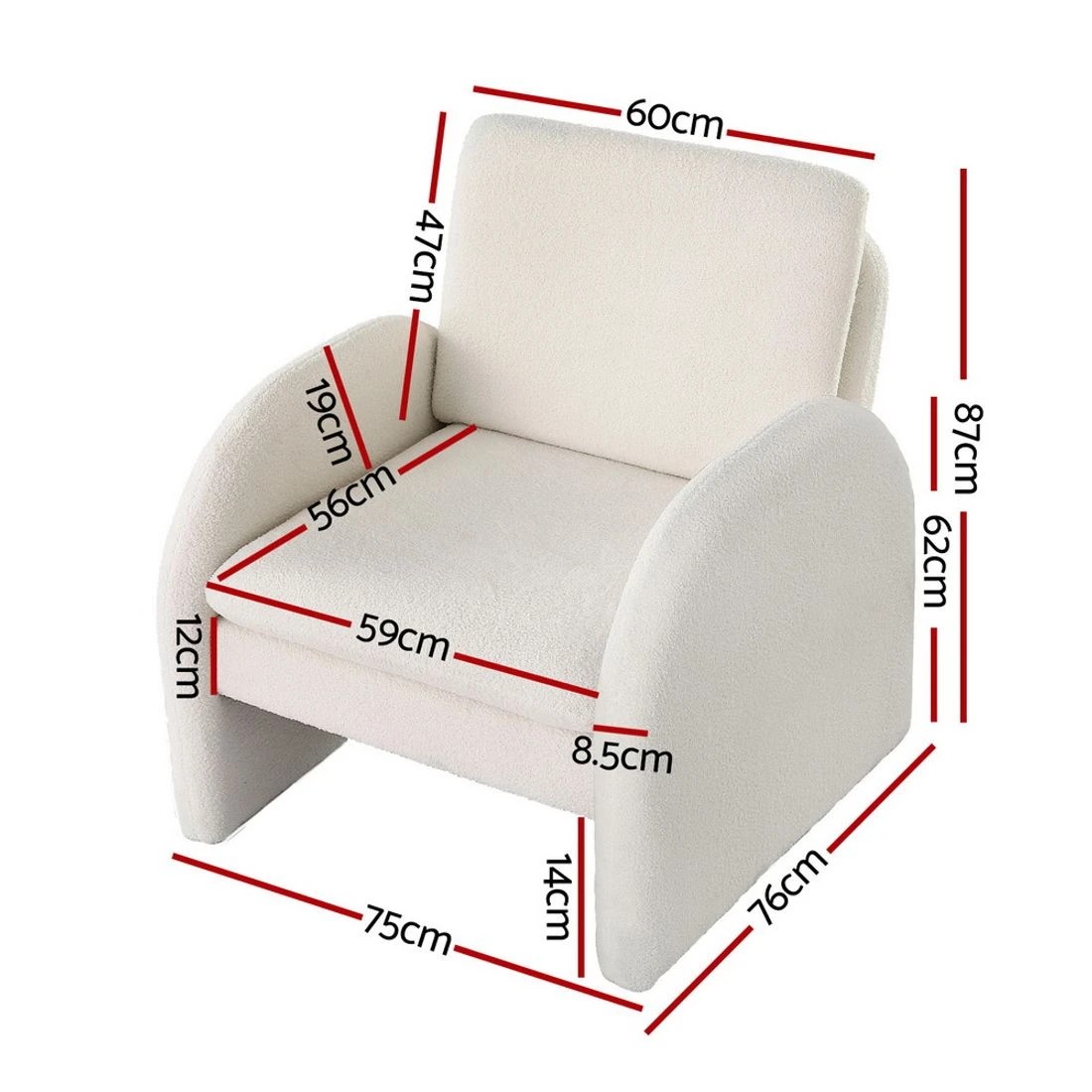 1 Artiss Armchair Accent Chair Lounge Tub Sofa Couch Curved Arm Seat Boucle - White, 1 of 5