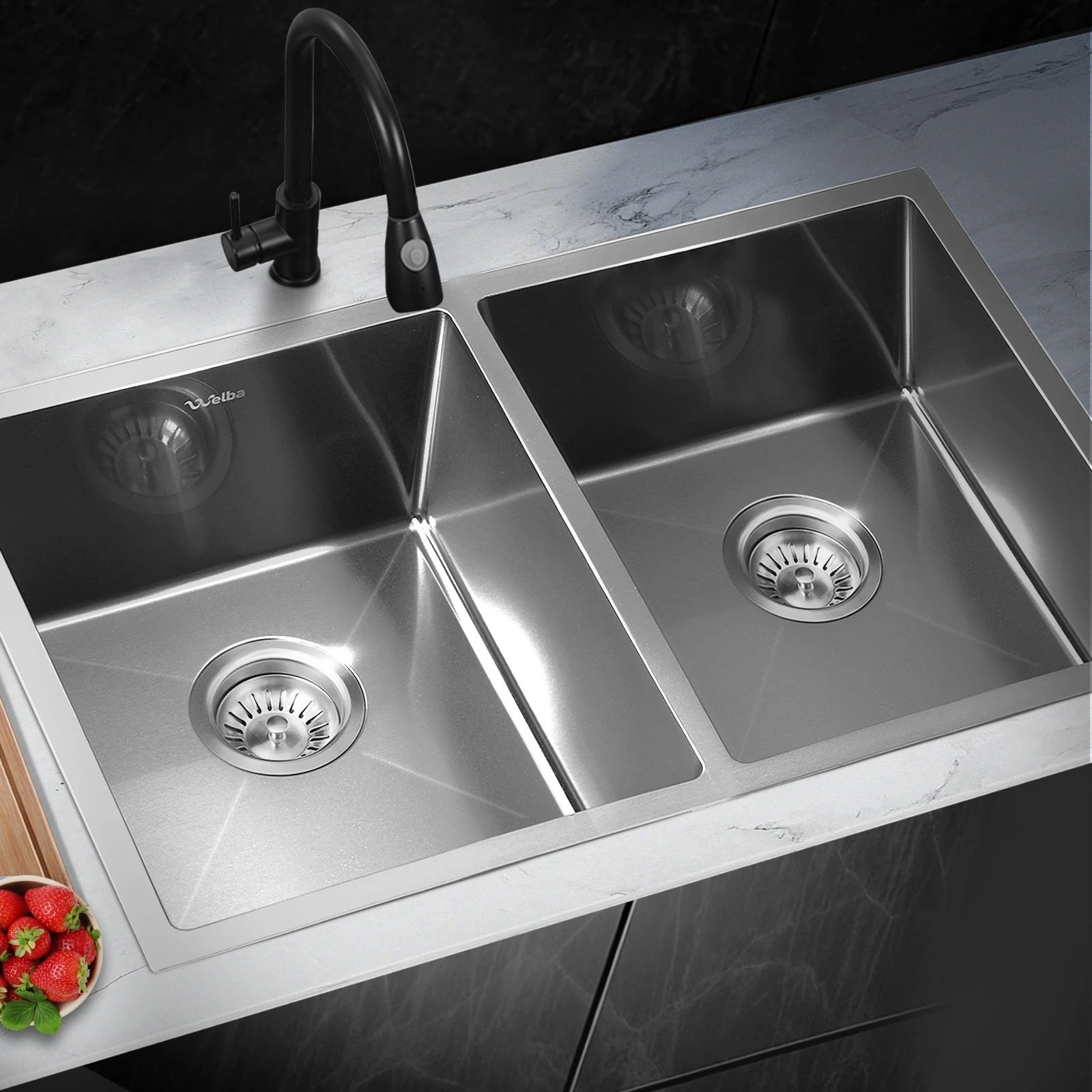 2 Welba Kitchen Sink Stainless Steel Basin Double Under/Top/Flush Mount - Silver, 2 of 6