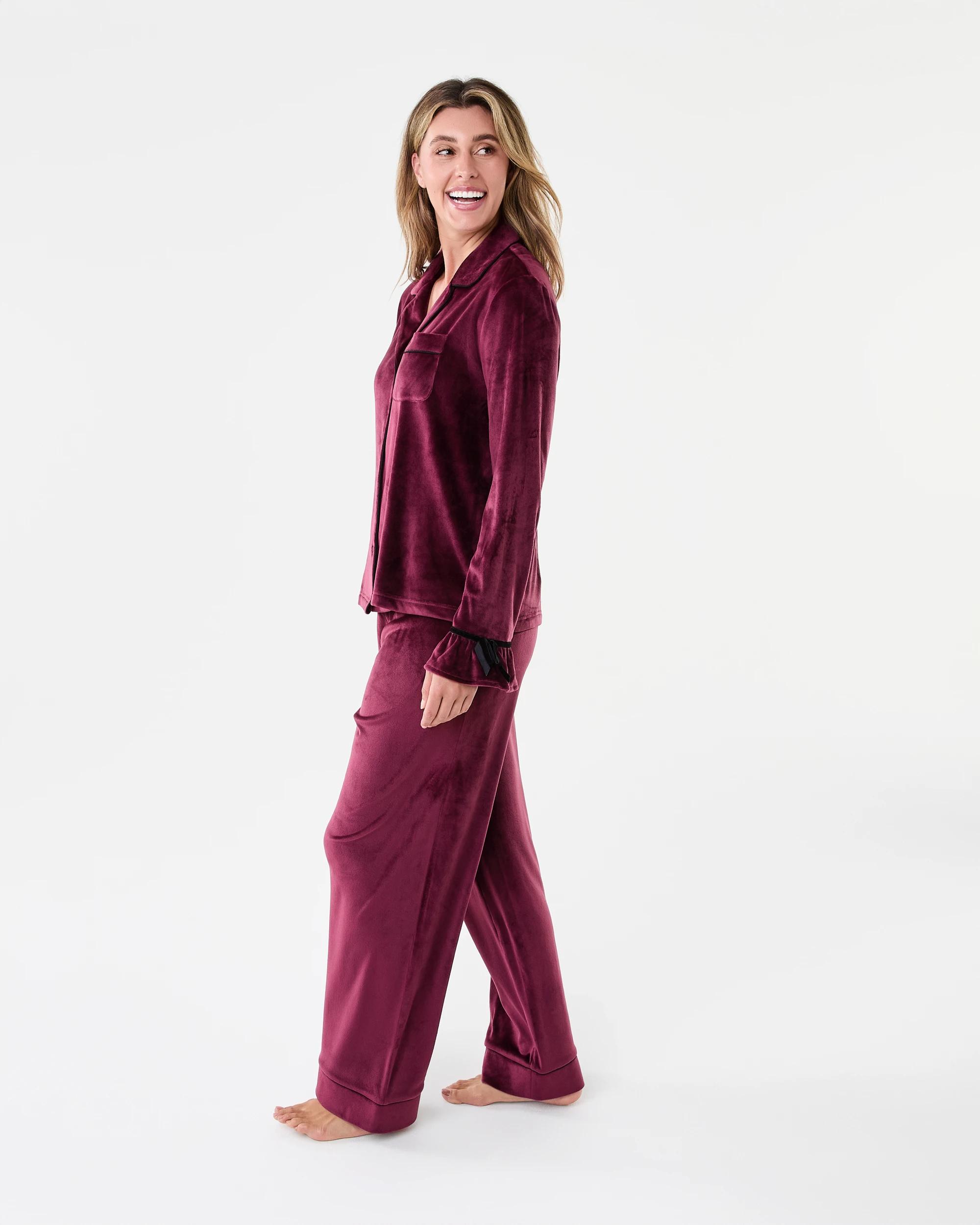 2 Long Sleeve Top and Pants Velour Pyjama Set Velvet Red, 2 of 8