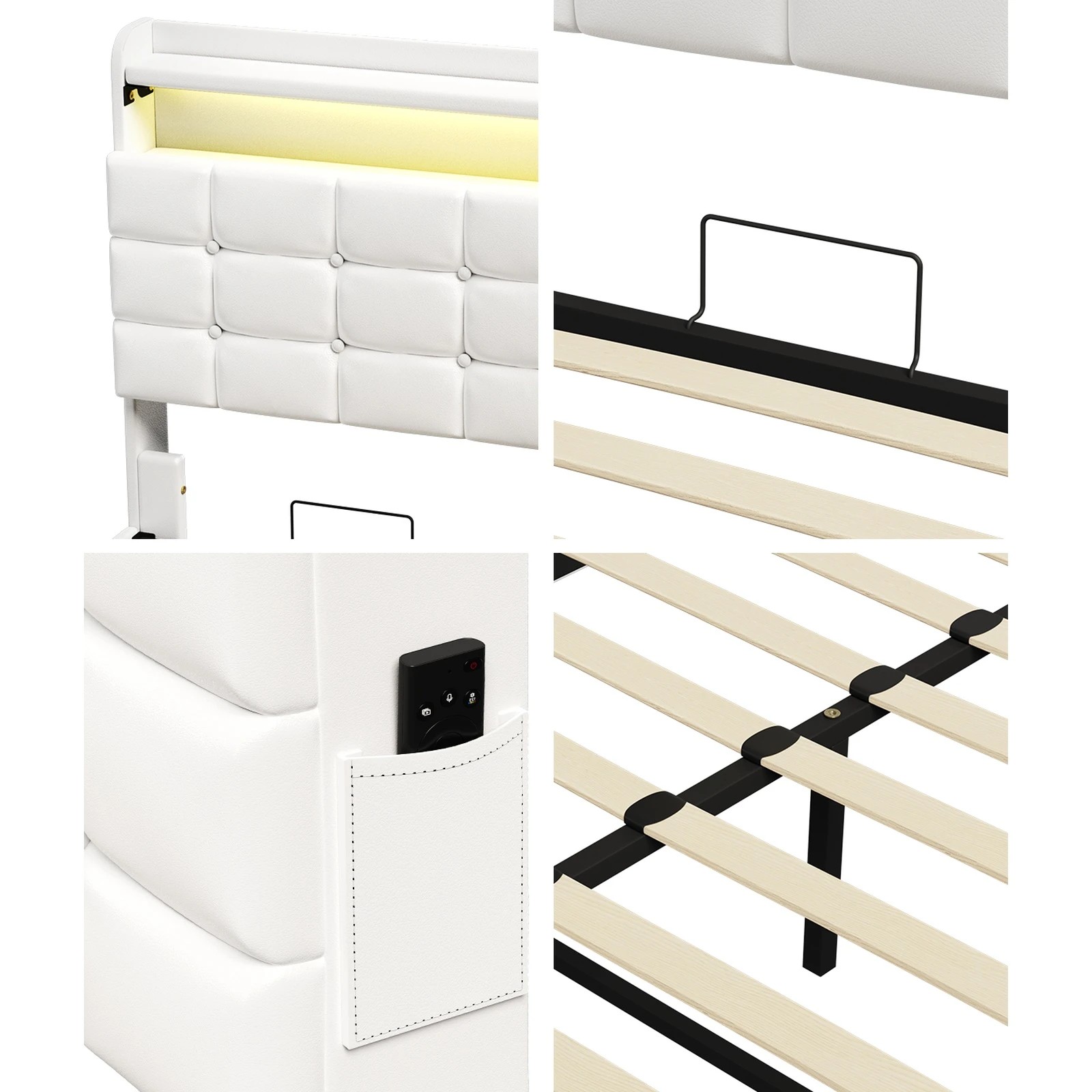 5 Oikiture Bed Frame Queen Size Gas Lift Base RGB LED Storage Headboard USB Charge - White, 5 of 6