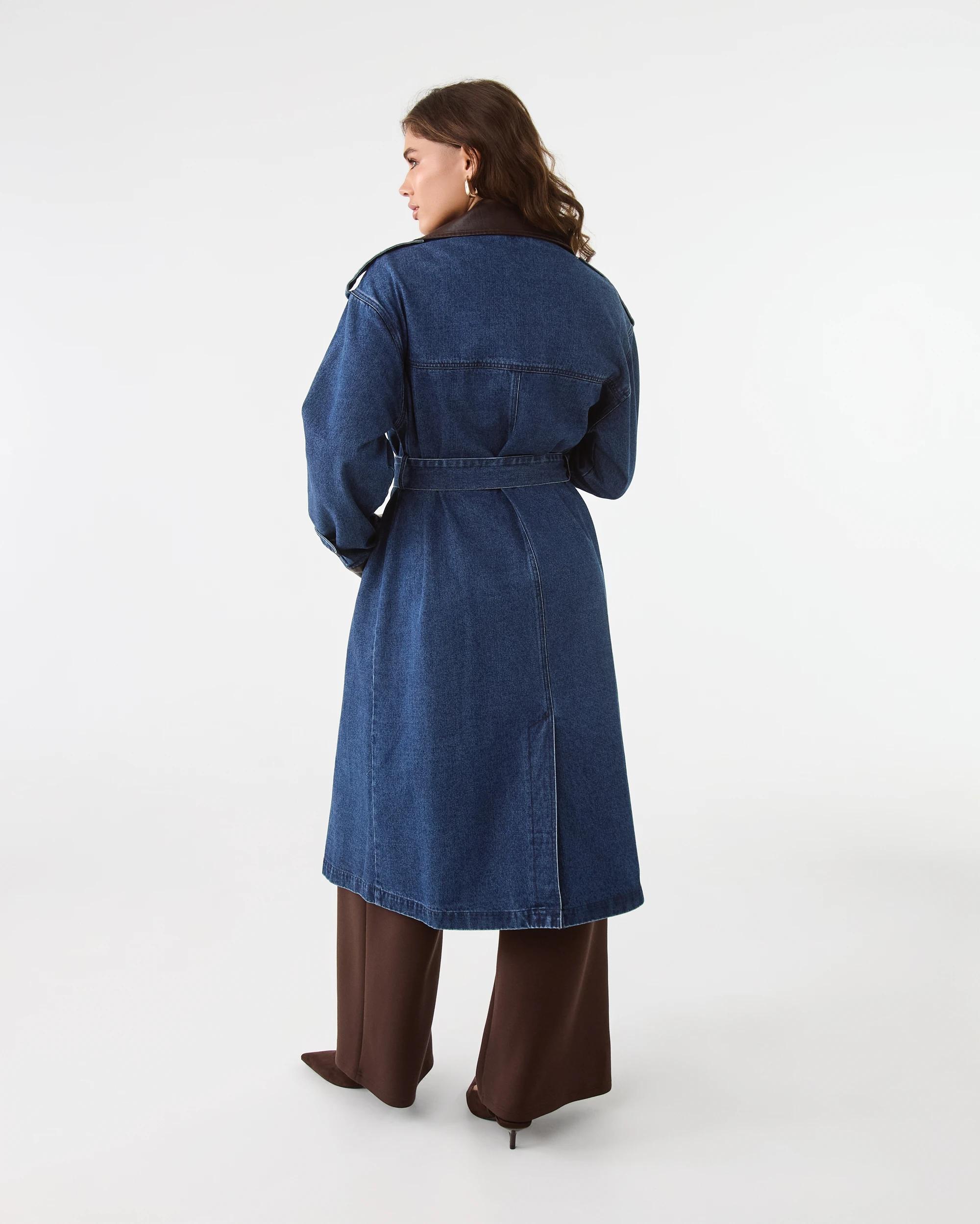 4 Leather Look Trim Denim Trench Coat Dark Wash, 4 of 9