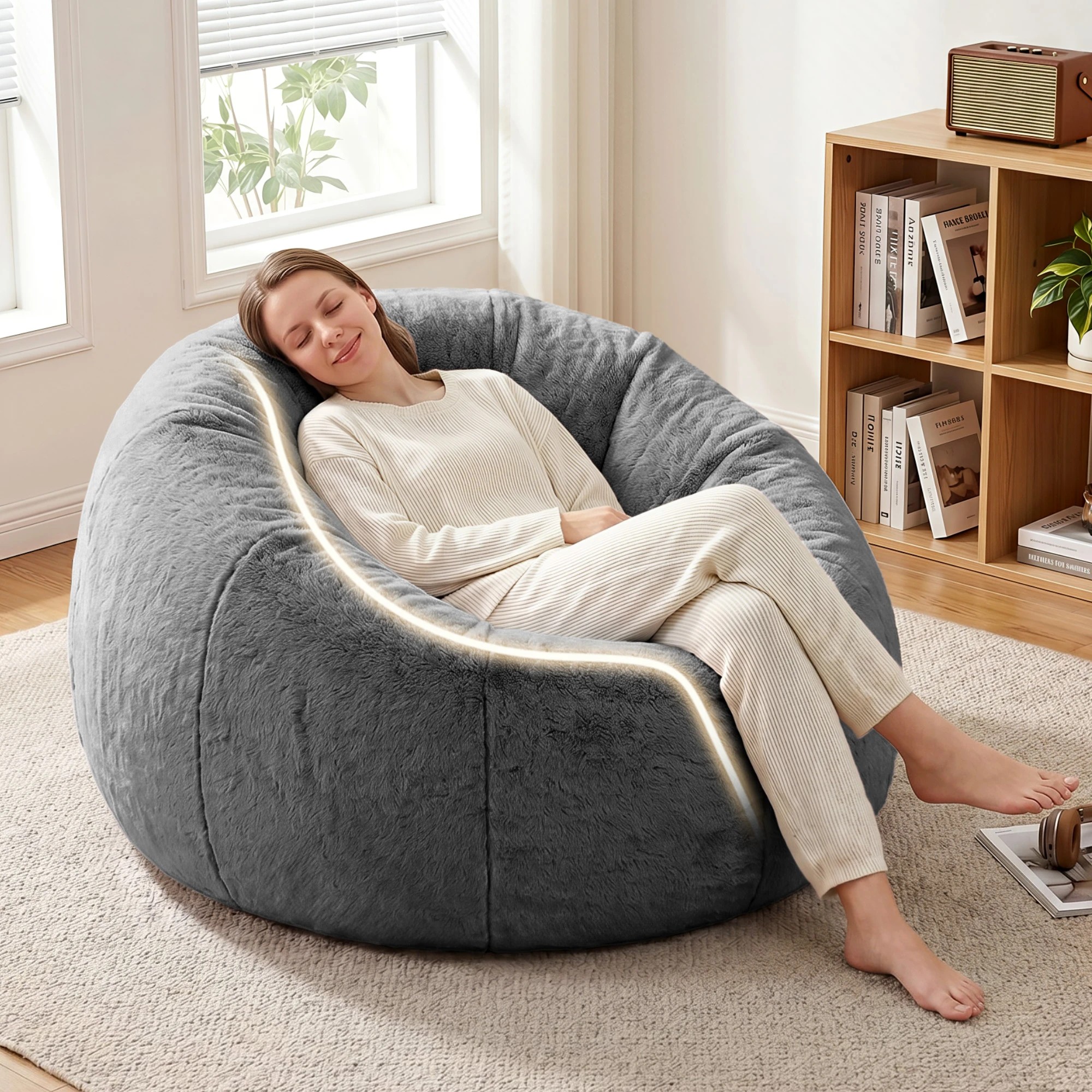 6 Artiss Bean Bag Chair Cover Faux Fur No Filler Washable Lazy Sofa Cover - Grey, 6 of 10