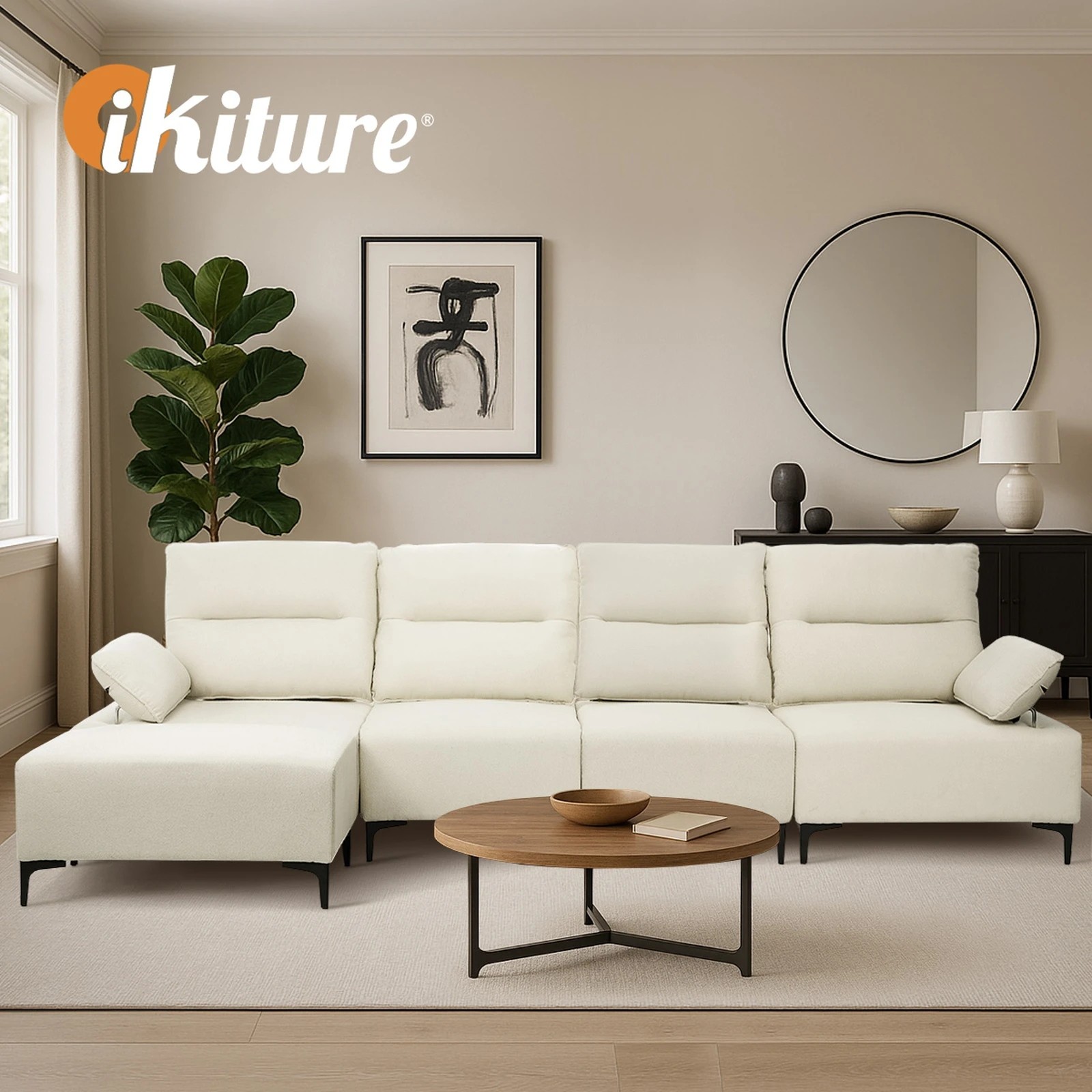 7 Oikiture 5 Seater Modular Sofa Chenille Couch Ottoman Set - Beige, 7 of 10