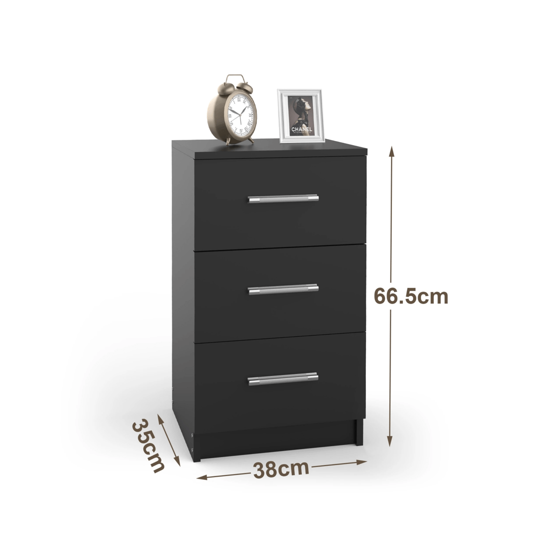3 Advwin Bedside Table 3 Drawers 66cm Height Nightstand Storage Cabinet
 - Black, 3 of 3