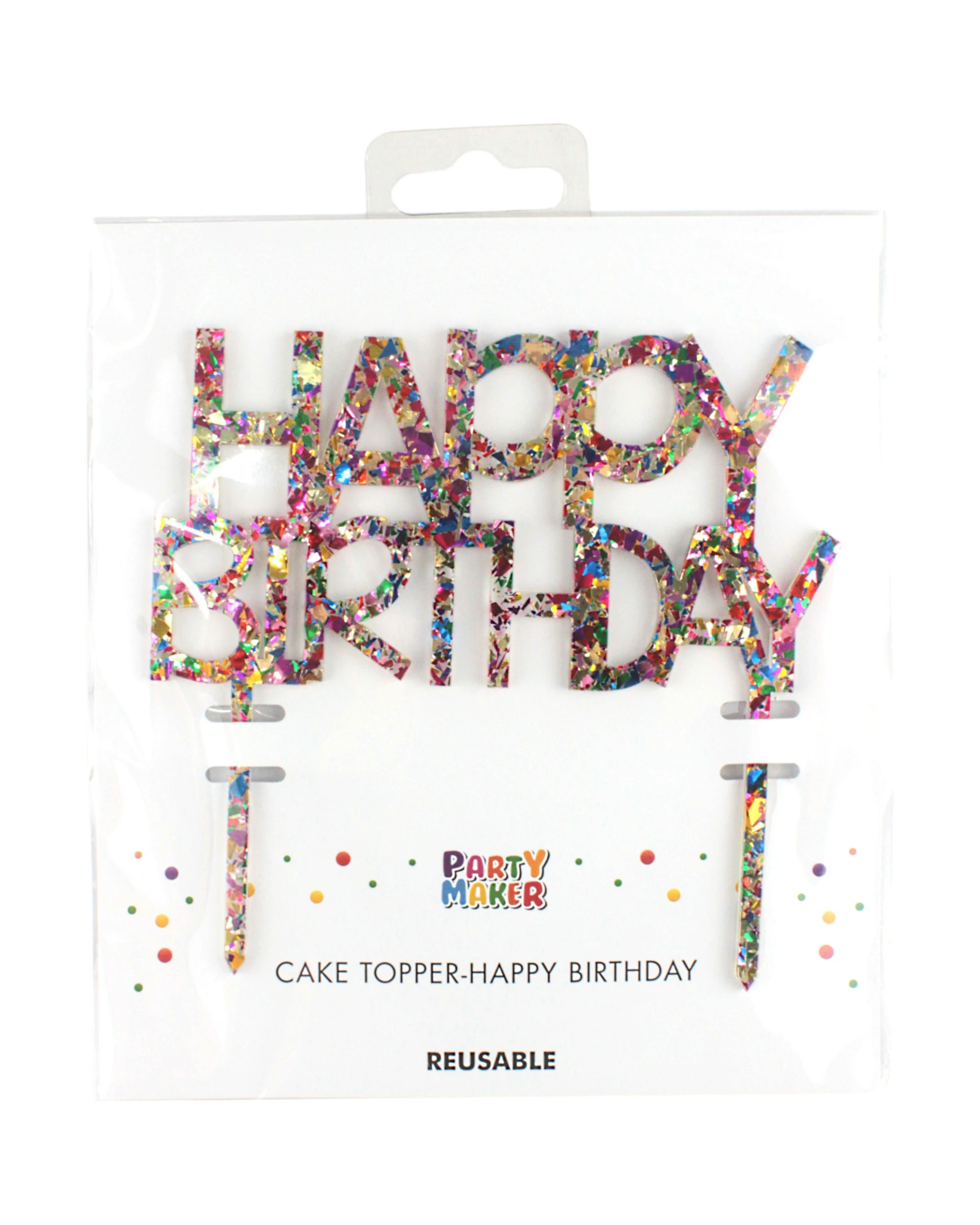 3 Party Maker Gold Rainbow Glitter Acrylic Happy Birthday Cake Topper, 3 of 3