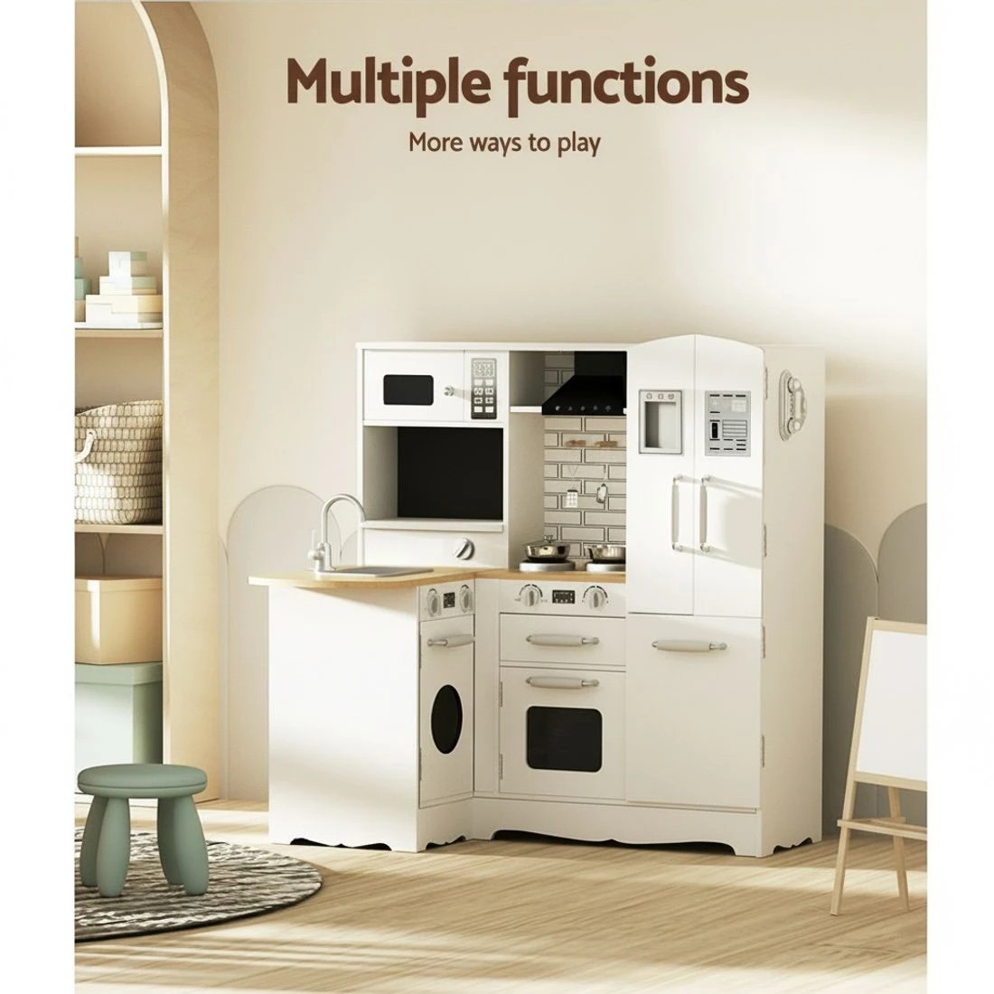 3 Keezi Kids Kitchen Play Set en Pretend Toys Cooking Children Fridge - White, 3 of 5