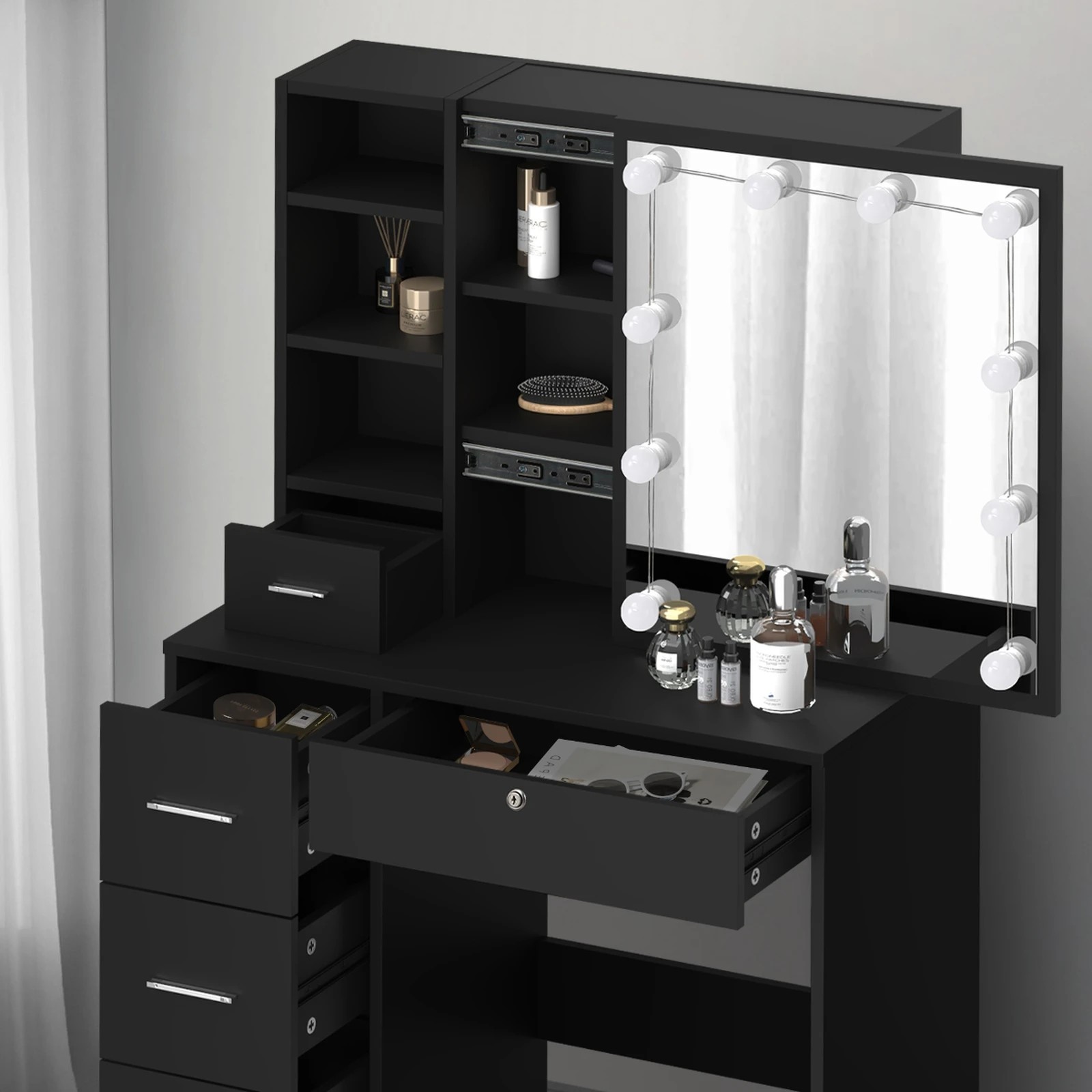 5 Oikiture Dressing Table Stool Set Makeup Slide Mirror Drawer 10 Led Bulbs
 - Black, 5 of 9