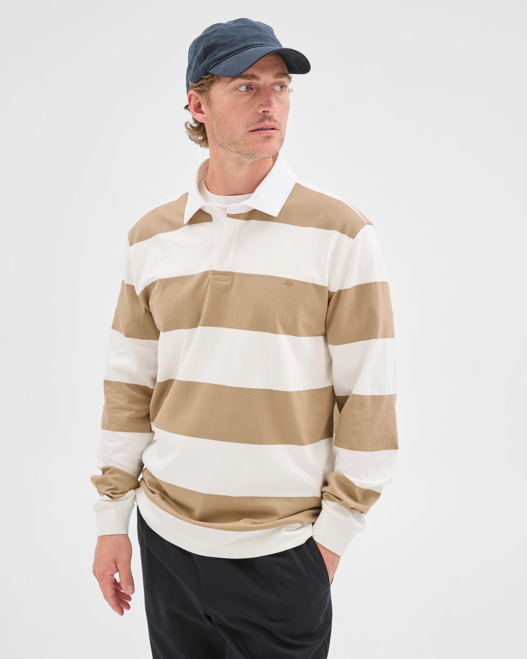 6 Target Man Australian Cotton Long Sleeve Rugby Stripe Polo Top BIRCH STRIPE, 6 of 6