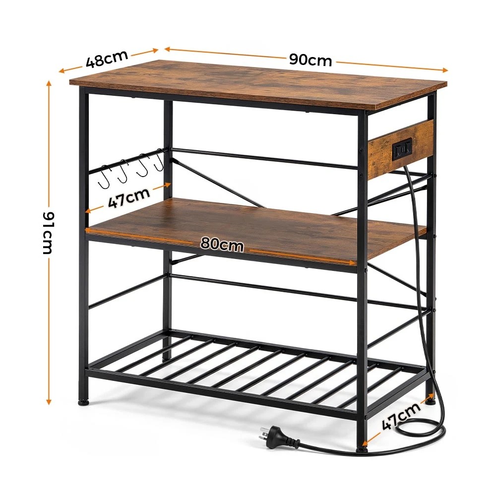 1 ZUNI 3-Tier Kitchen Bakers Rack Microwave Storage Shelf with Power Outlet - Brown, 1 of 1