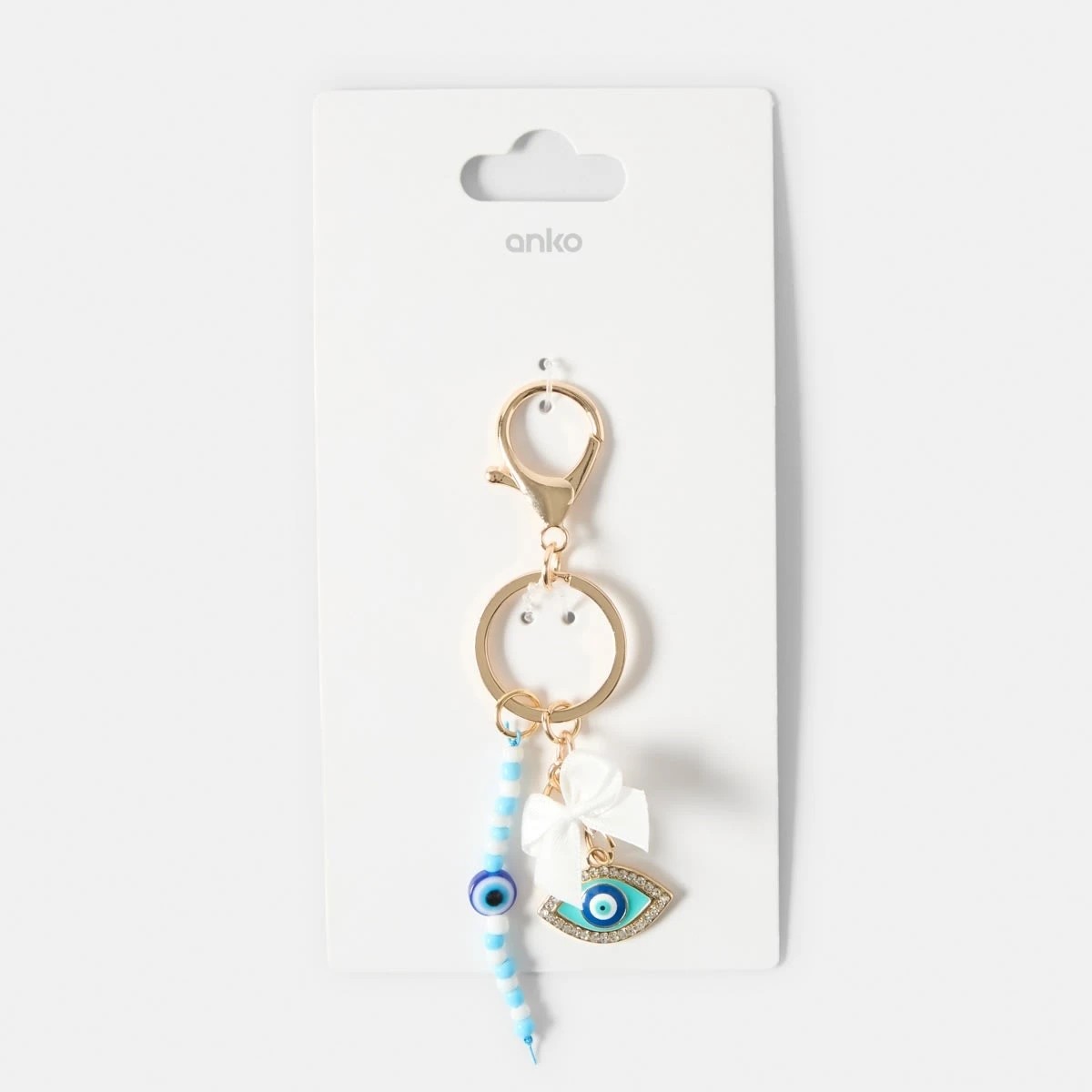 3 Evil Eye Charm Keyring - Gold Tone, Blue and White, 3 of 3