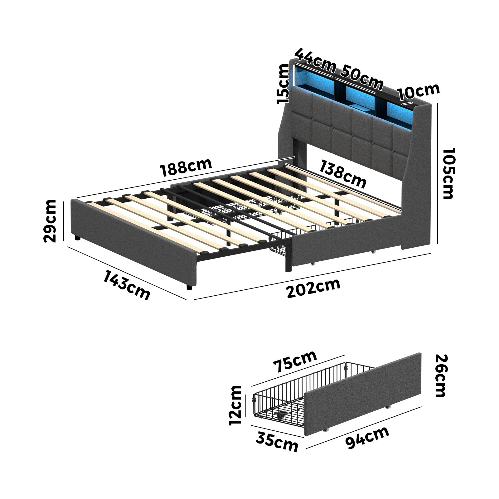 2 Oikiture Double Size Bed Frame with LED Lights and Storage Headboard & Charging Station- Grey, 2 of 7