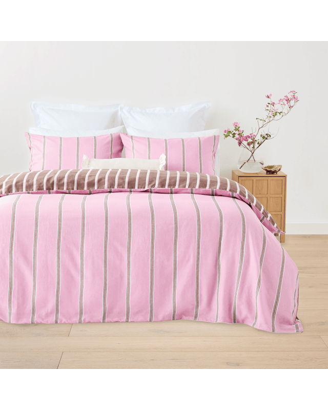 Stripe Linen Cotton Reversible Quilt Cover Set - Queen Bed, Pink and M