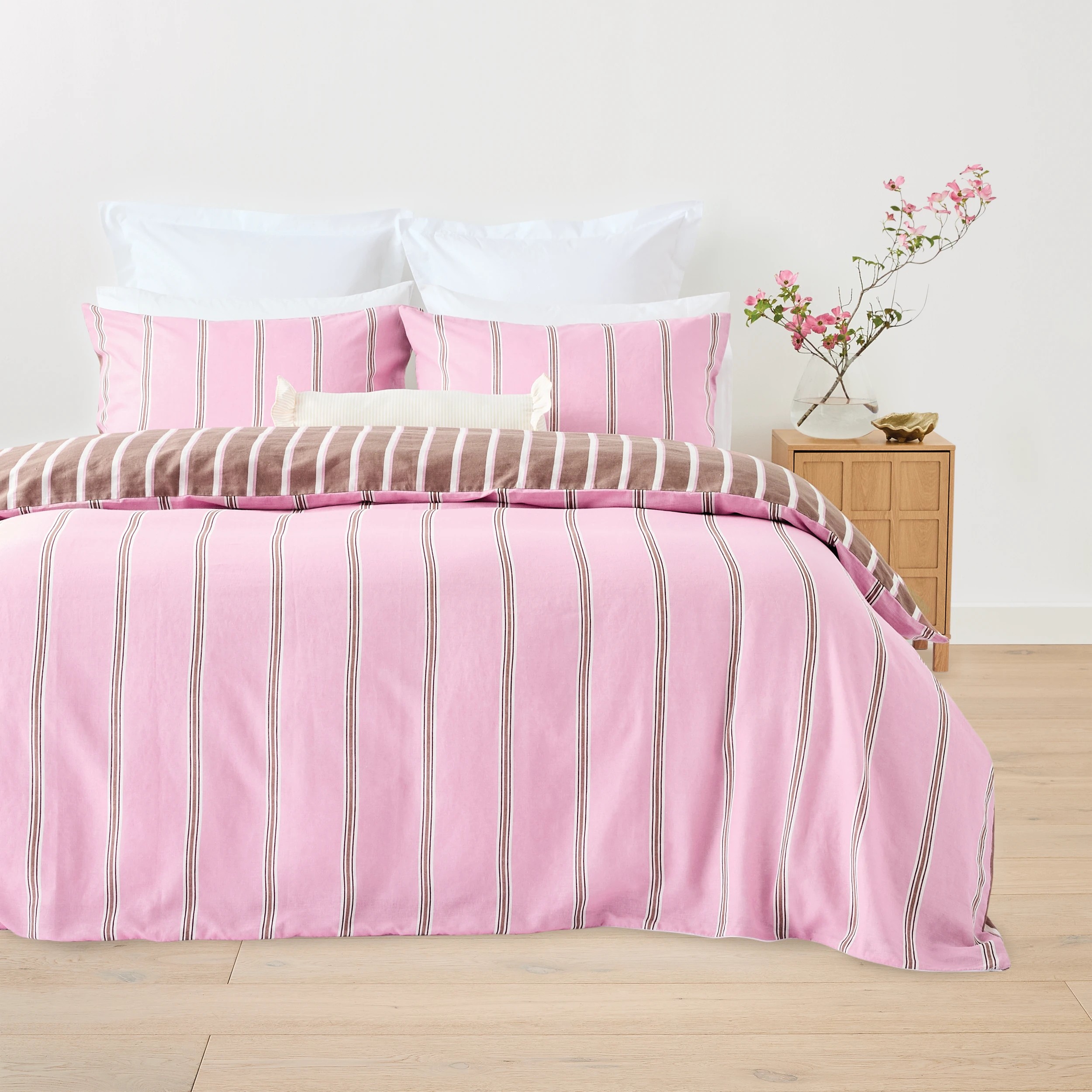 1 Stripe Linen Cotton Reversible Quilt Cover Set - Queen Bed, Pink and Mocha, 1 of 8