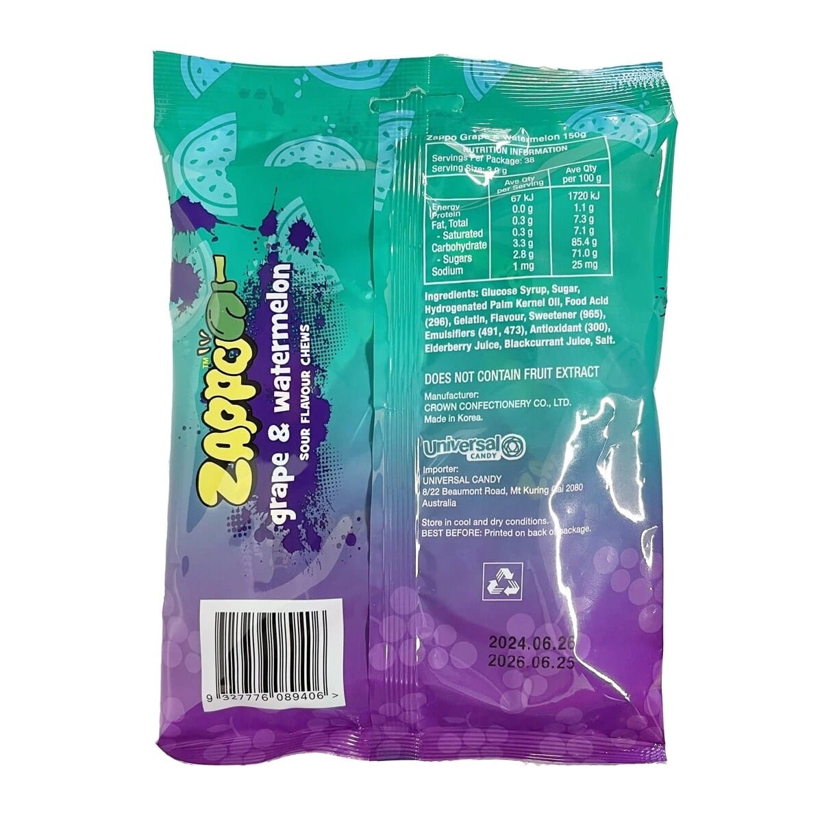 2 Zappo Grape & Watermelon Sour Flavour Chews 150g, 2 of 2