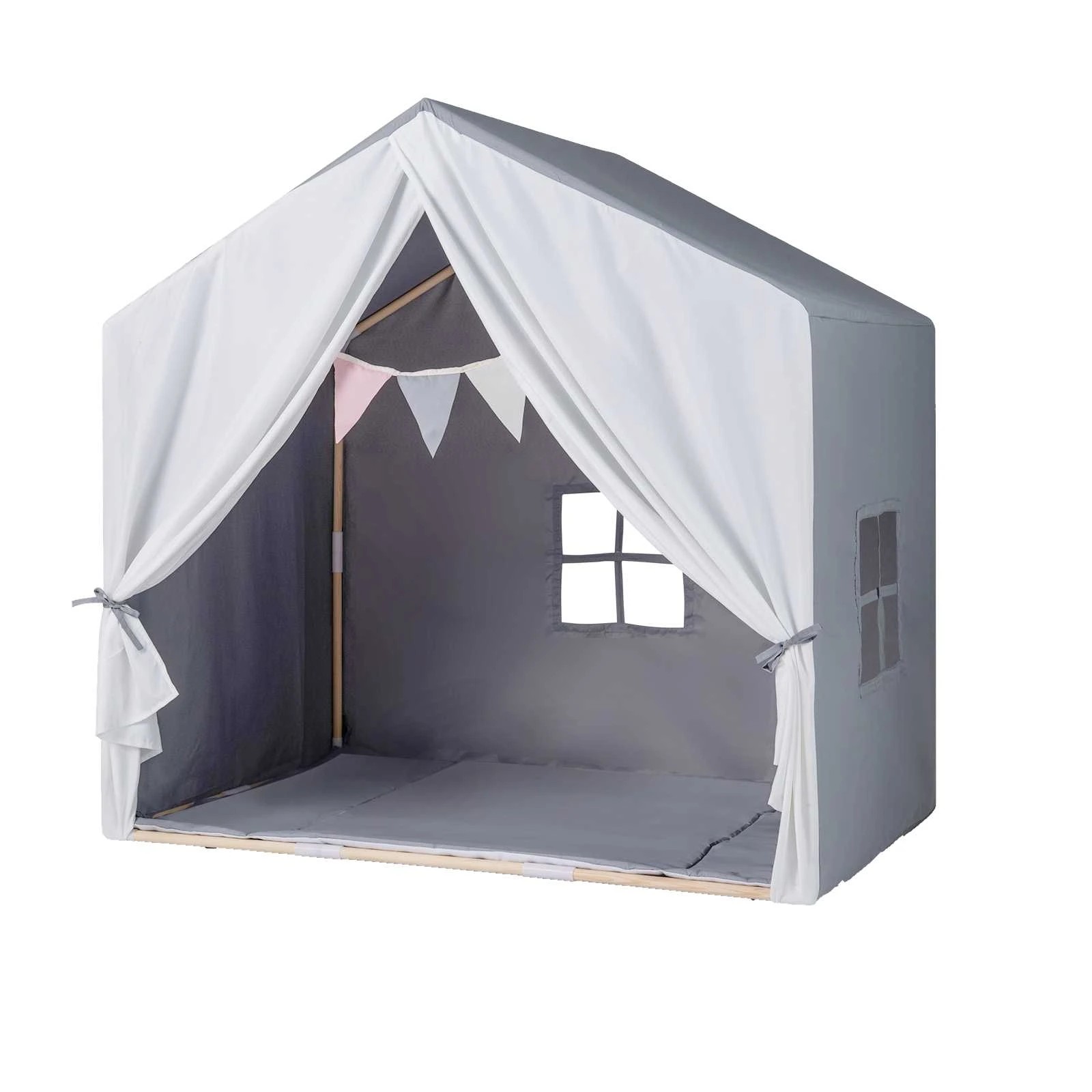 1 Costway Play Tent Playhouse Bed Tent Solid Wood Frame - Grey, 1 of 1