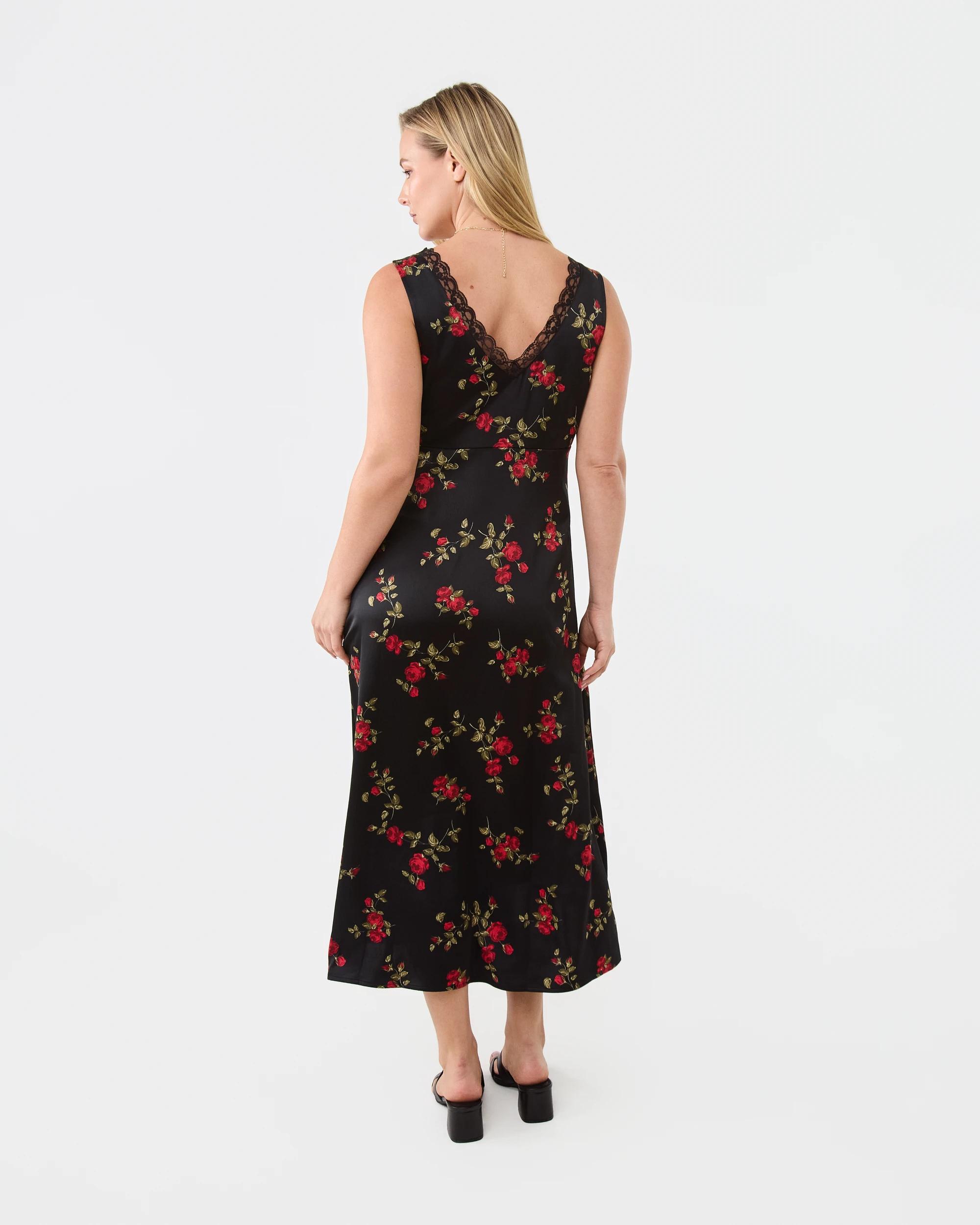 3 Sleeveless Satin Lace V-Neck Midi Dress Stem Roses, 3 of 7