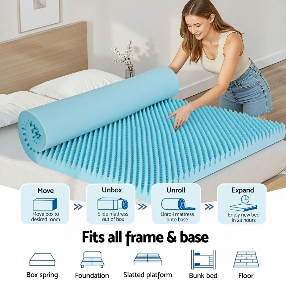 9 Giselle 8cm Memory Foam Mattress Topper Gel Egg Crate Foam Bamboo Queen - Blue, 9 of 9