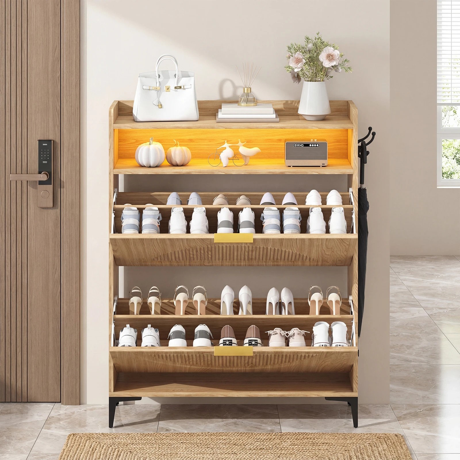 4 Advwin LED Shoe Storage Cabinet w/ Flip Drawers and Open Shelf Shoe Organizer Narrow Shoe Rack Cabinet with Hook, 4 of 10