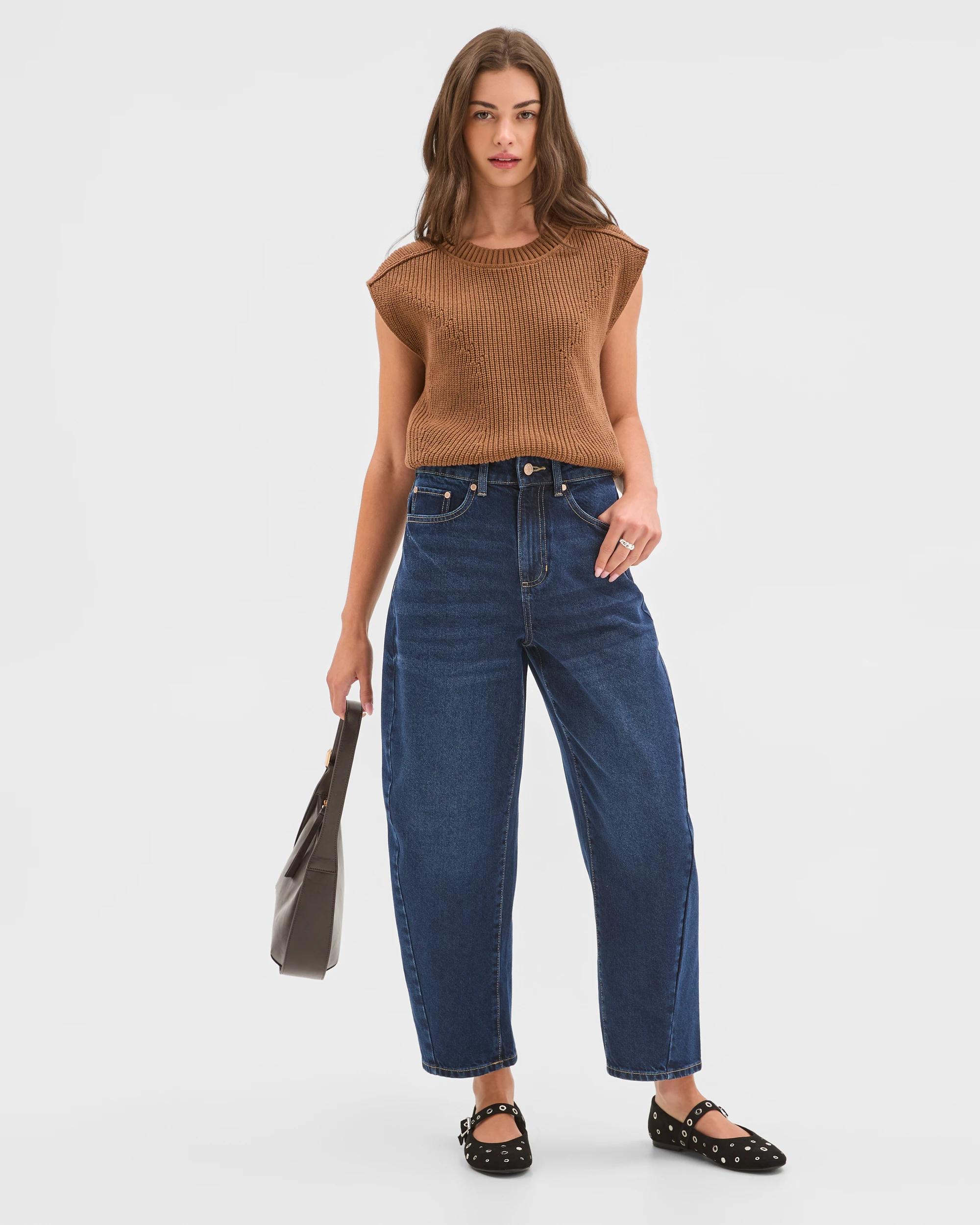 1 Target Petites Petites Denim Forward Seam Barrel Leg Jeans VINTAGE INDIGO, 1 of 6