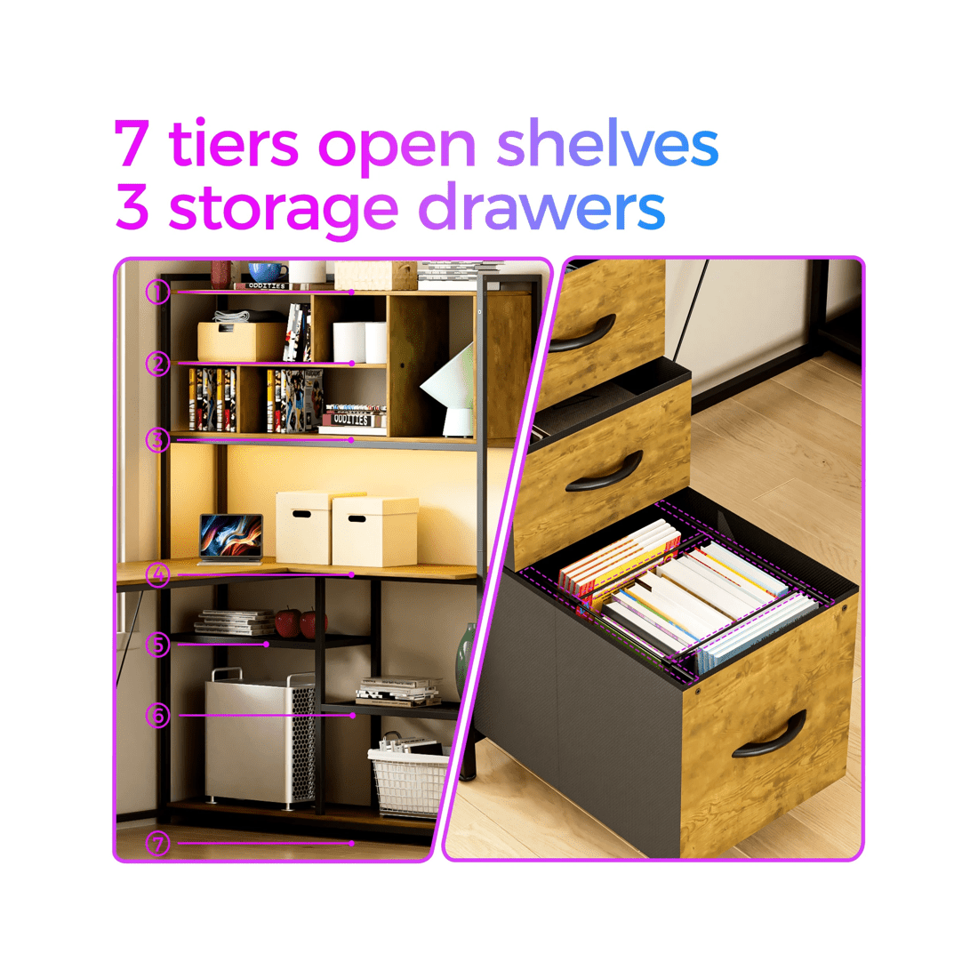 4 Advwin L Shaped Gaming Desk With Led Lights Reversible 148cm Computer Desk With 3 Drawers And Bookshelf Walnut, 4 of 9