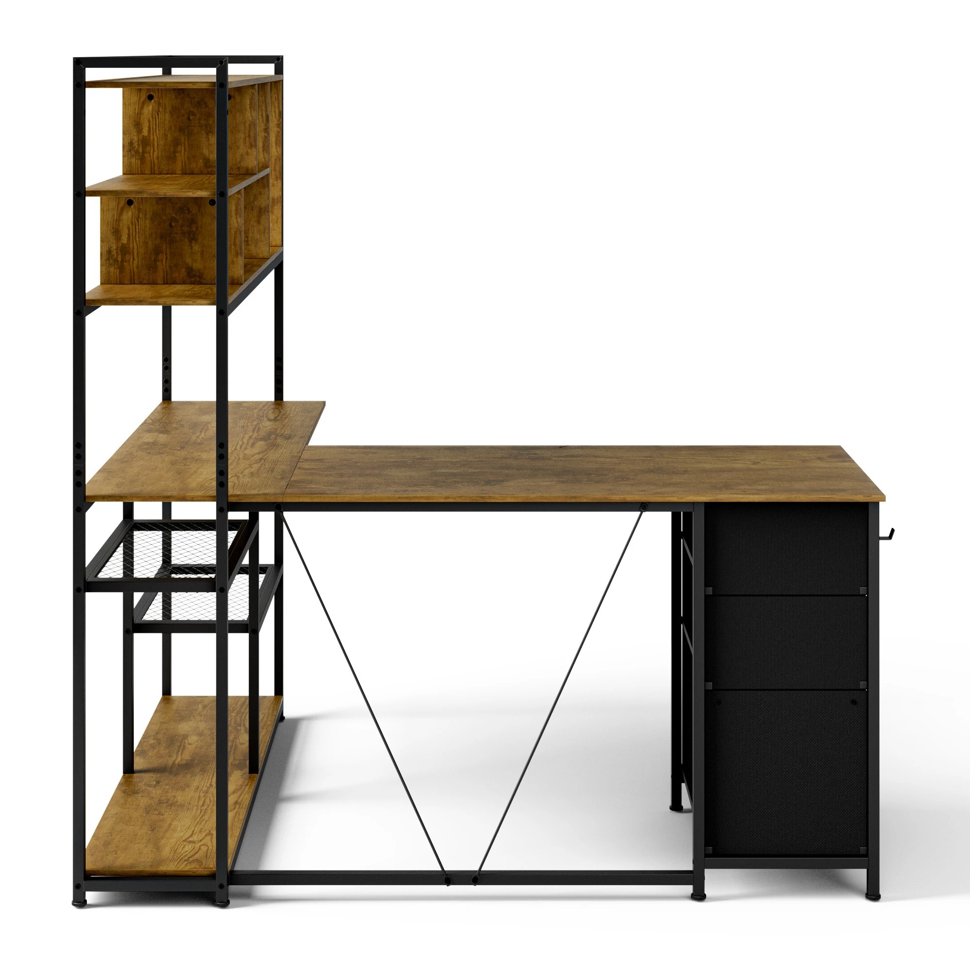 4 Advwin L Shaped Gaming Desk With Led Lights Reversible 148cm Computer Desk With 3 Drawers And Bookshelf Walnut, 4 of 9