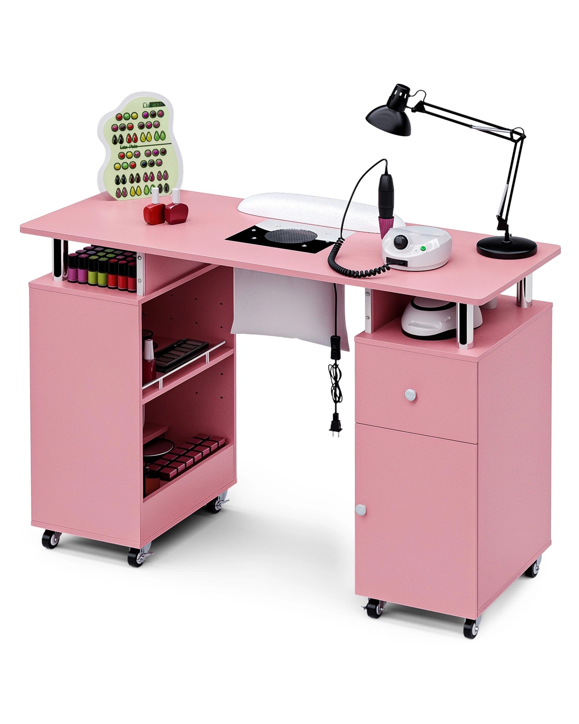 8 Advwin Manicure Table Vanity Desk for Nail Tech with Dust Collector Wrist Rest Lockable Wheels - Pink, 8 of 10