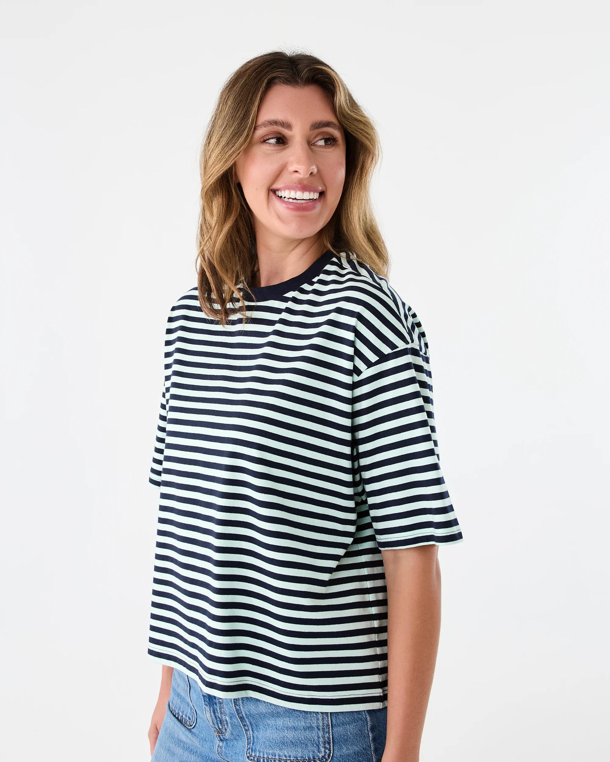 2 Short Sleeve Oversized Chopped Stripe T-shirt Aqnvy Strp, 2 of 5