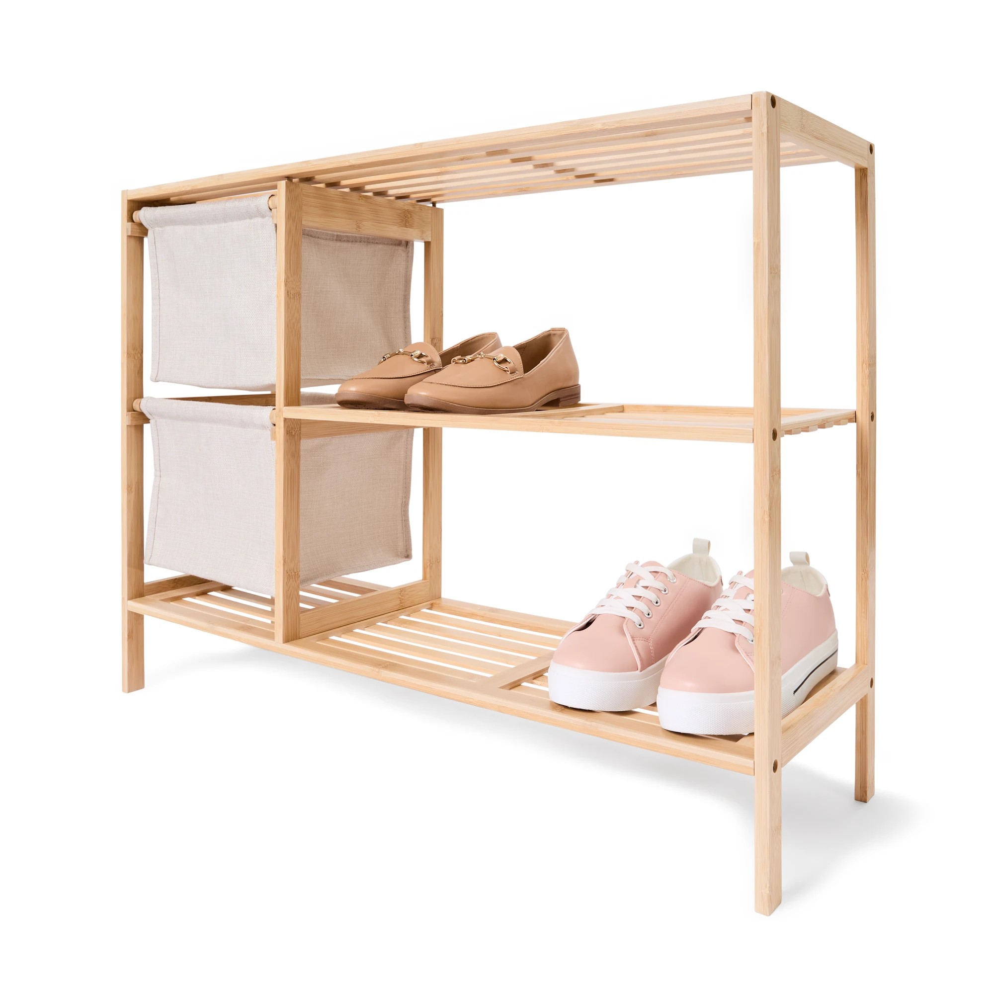 1 Linen Look Bamboo Shoe Storage with 2 Baskets, 1 of 10