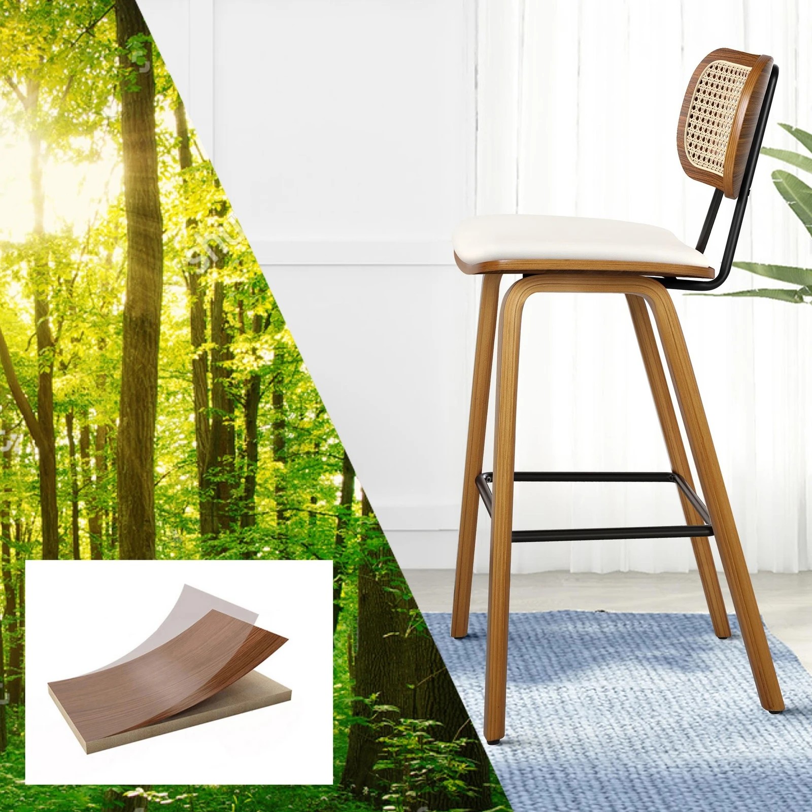 5 Alfordson 2x Bar Stools Kitchen Vintage Leather Seat Rattan Chair Wooden - White, 5 of 9