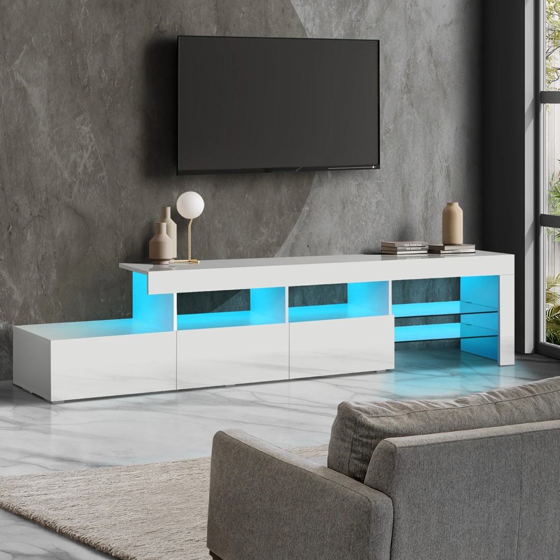 2 Oikiture Tv Cabinet Entertainment Unit Stand Rgb Led Gloss 220cm
 - White, 2 of 10