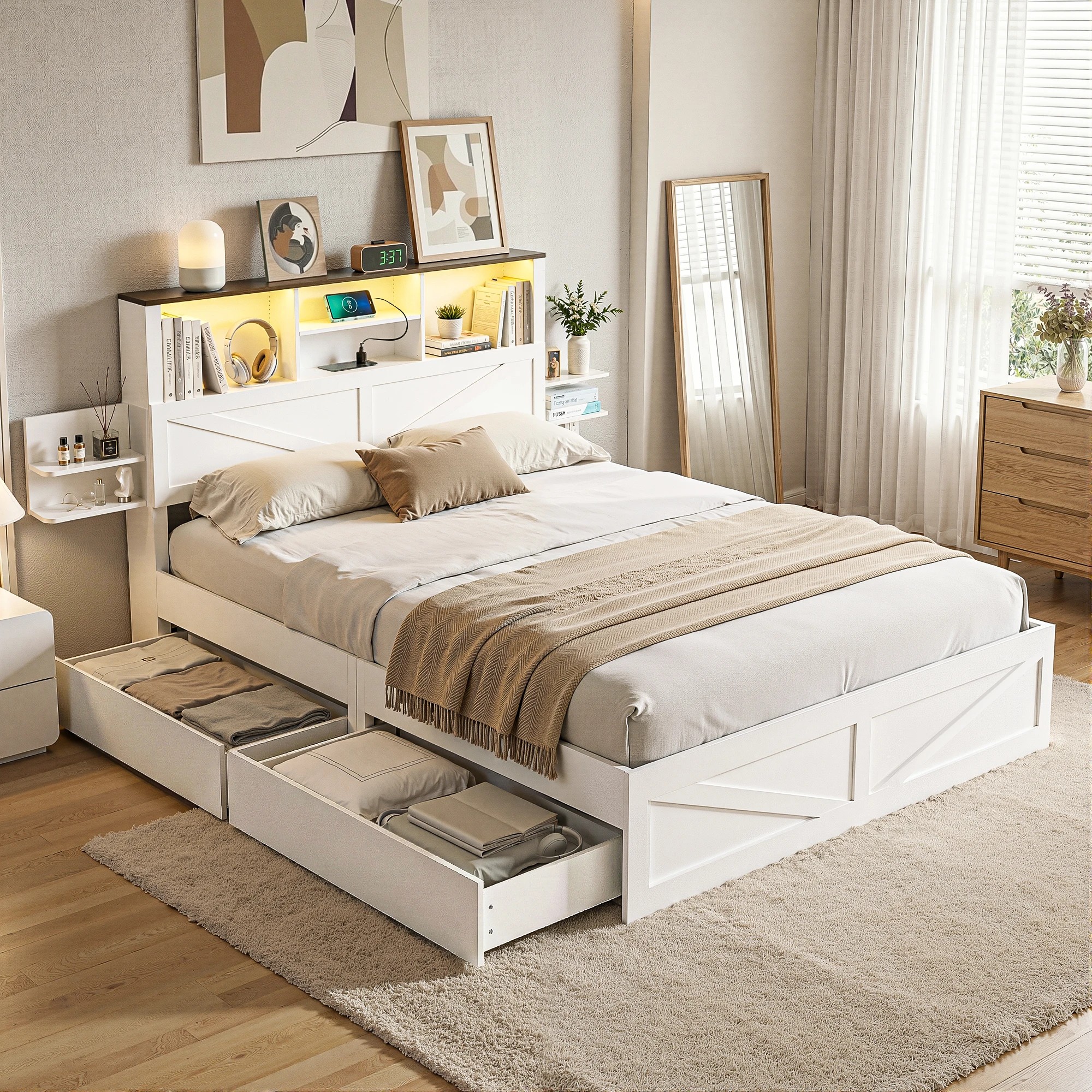 1 Artiss Double Bed Frame with Storage Drawers  Platform Bedframe with Bookcase - White, 1 of 7