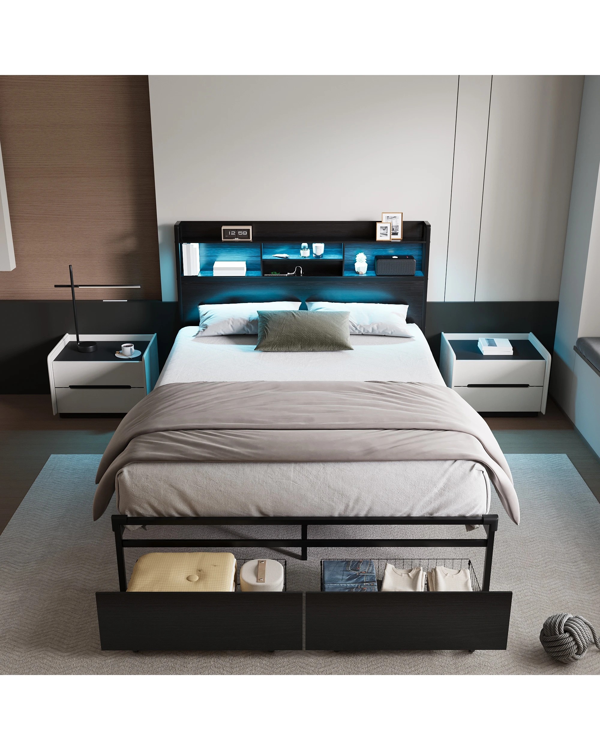 7 Advwin Double Bed Frame With 2 Drawers Led Light & Charging Station Black, 7 of 7