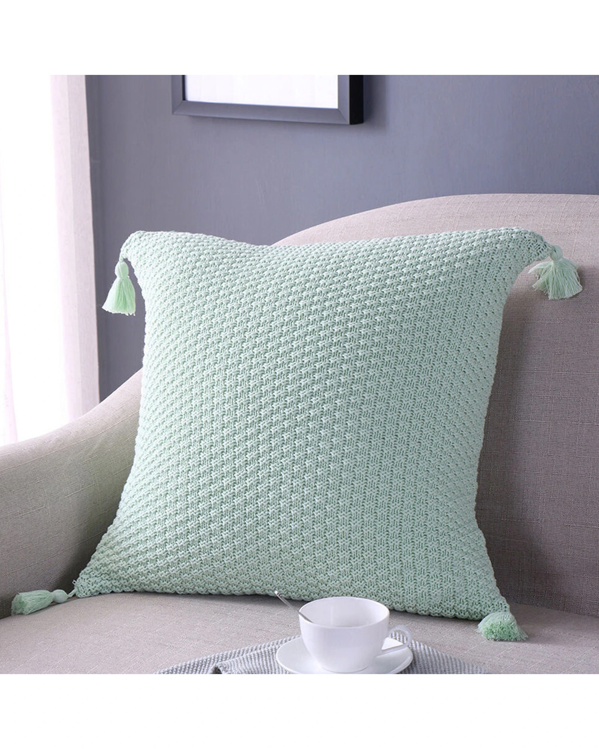3 Cotton More Premium Cotton Knitted Tassel Cushion Cover 45x45cm Mint - Green, 3 of 3
