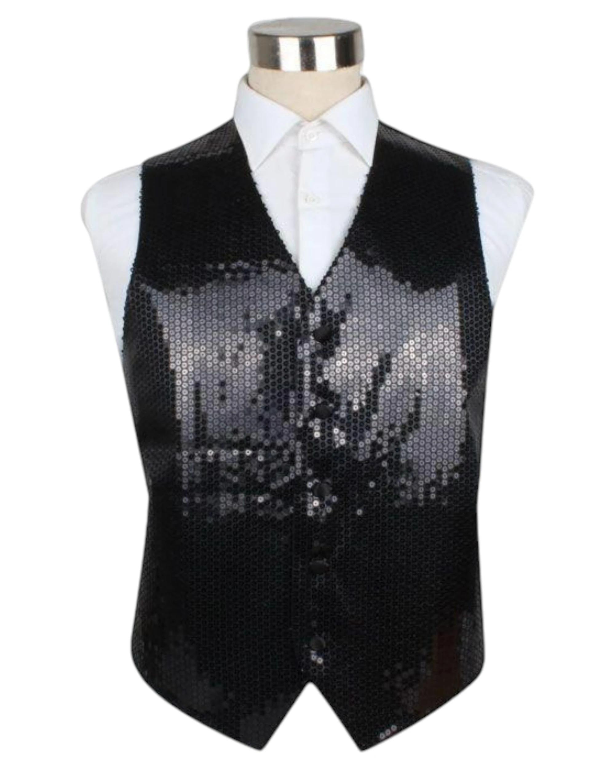 1 Zasel Mens Sequin Patterned Vest Waistcoat Black, 1 of 1