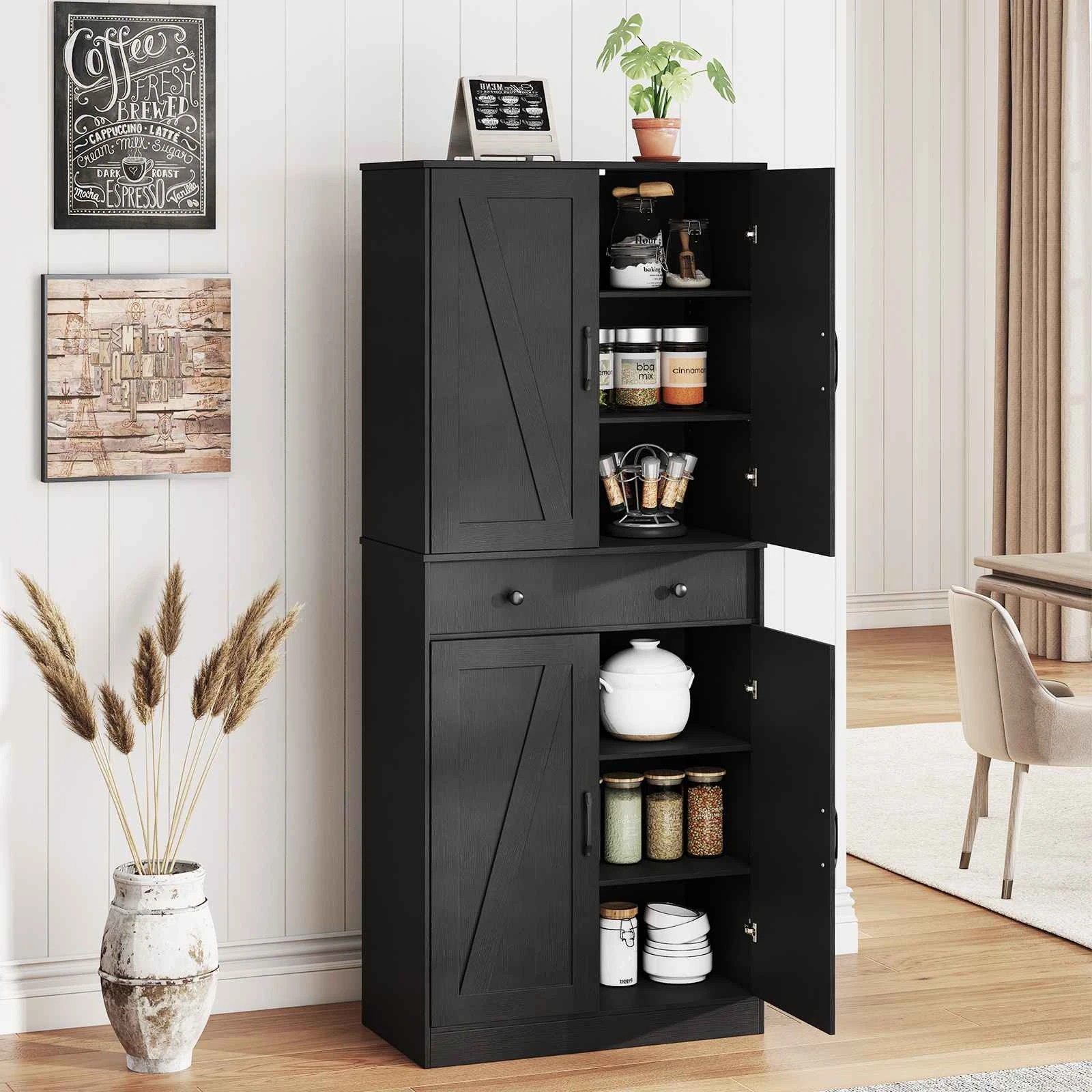 3 Costway 183cm Tall Kitchen Pantry Modern Cupboard Cabinet w/4 Barn Doors - Black, 3 of 3