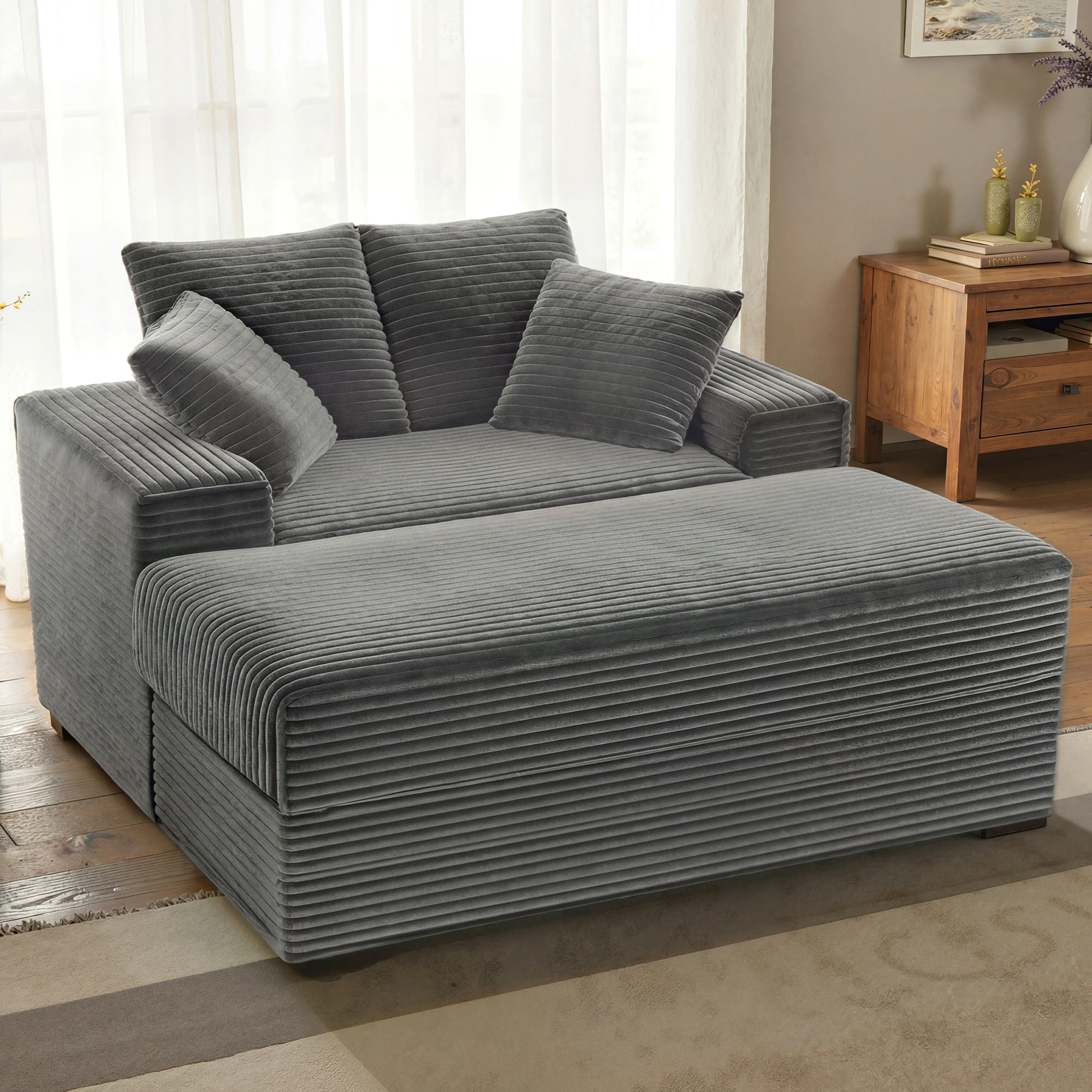2 Advwin 146cm Chaise Lounge Chair with Storage Ottoman Fluffy Upholstered Sofa Bed - Grey, 2 of 10